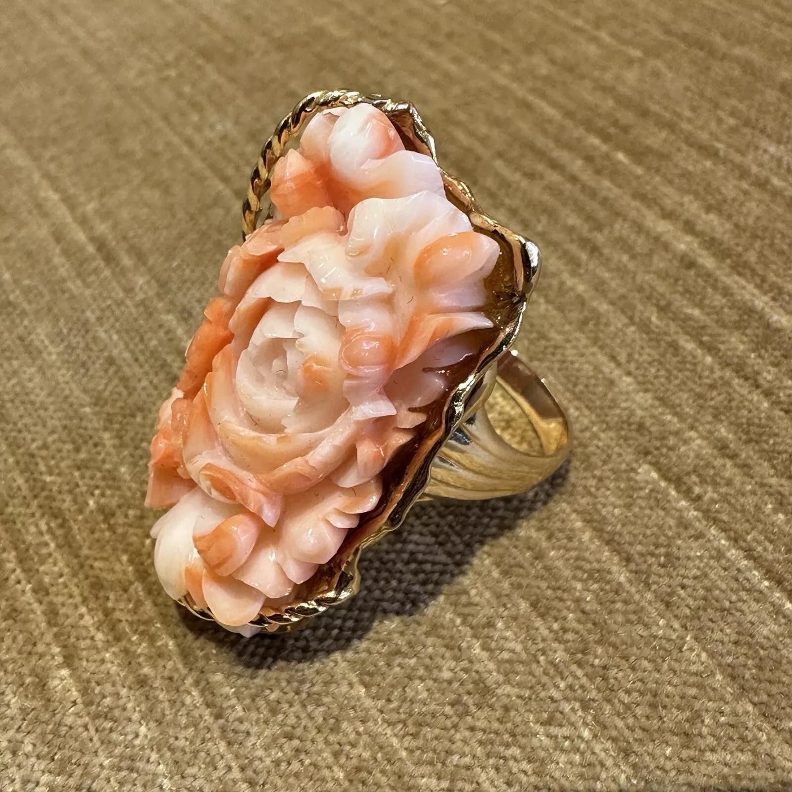 Mixed Cut Carved Rose Angel Skin Coral Ring in 18k Yellow Gold For Sale