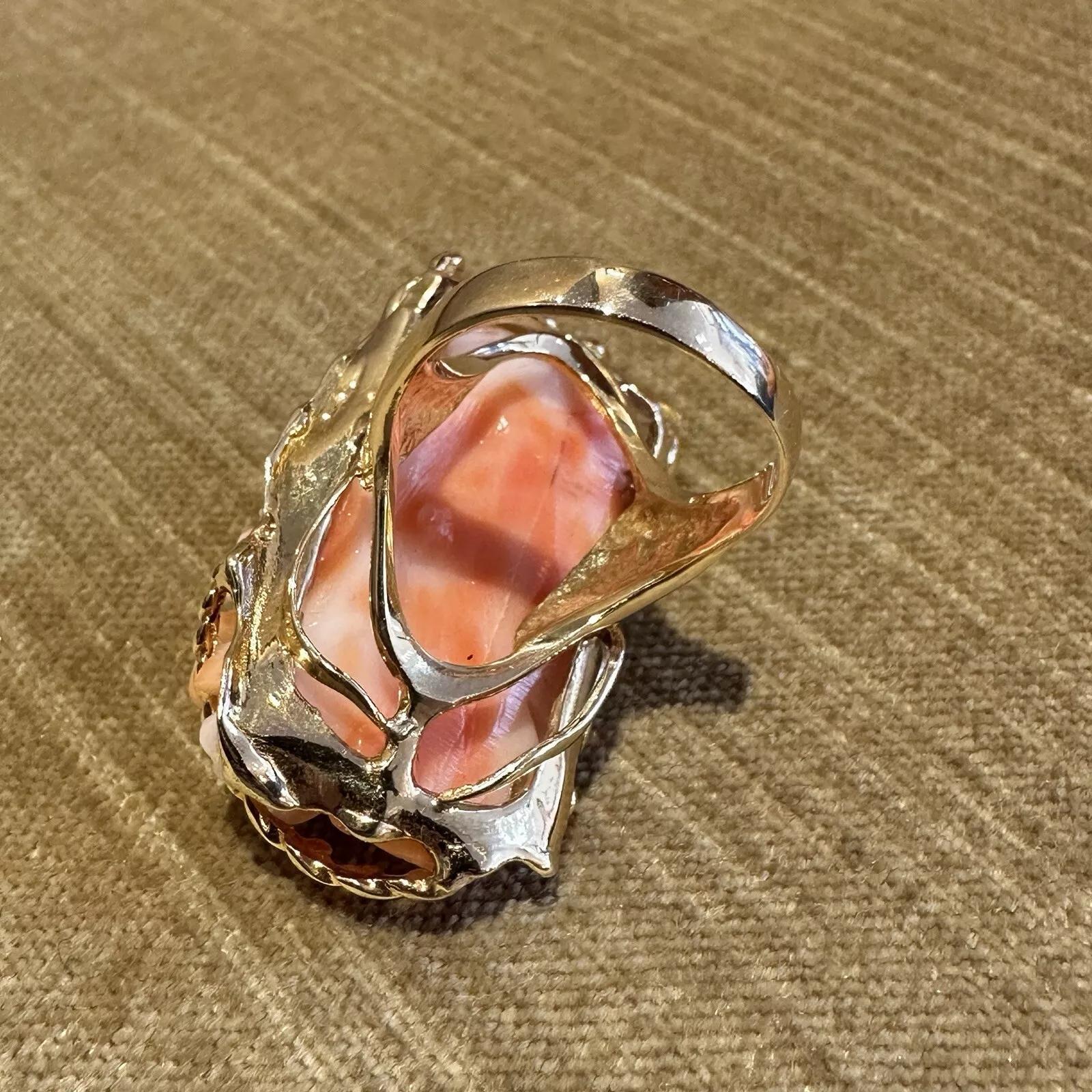 Carved Rose Angel Skin Coral Ring in 18k Yellow Gold In Excellent Condition For Sale In La Jolla, CA