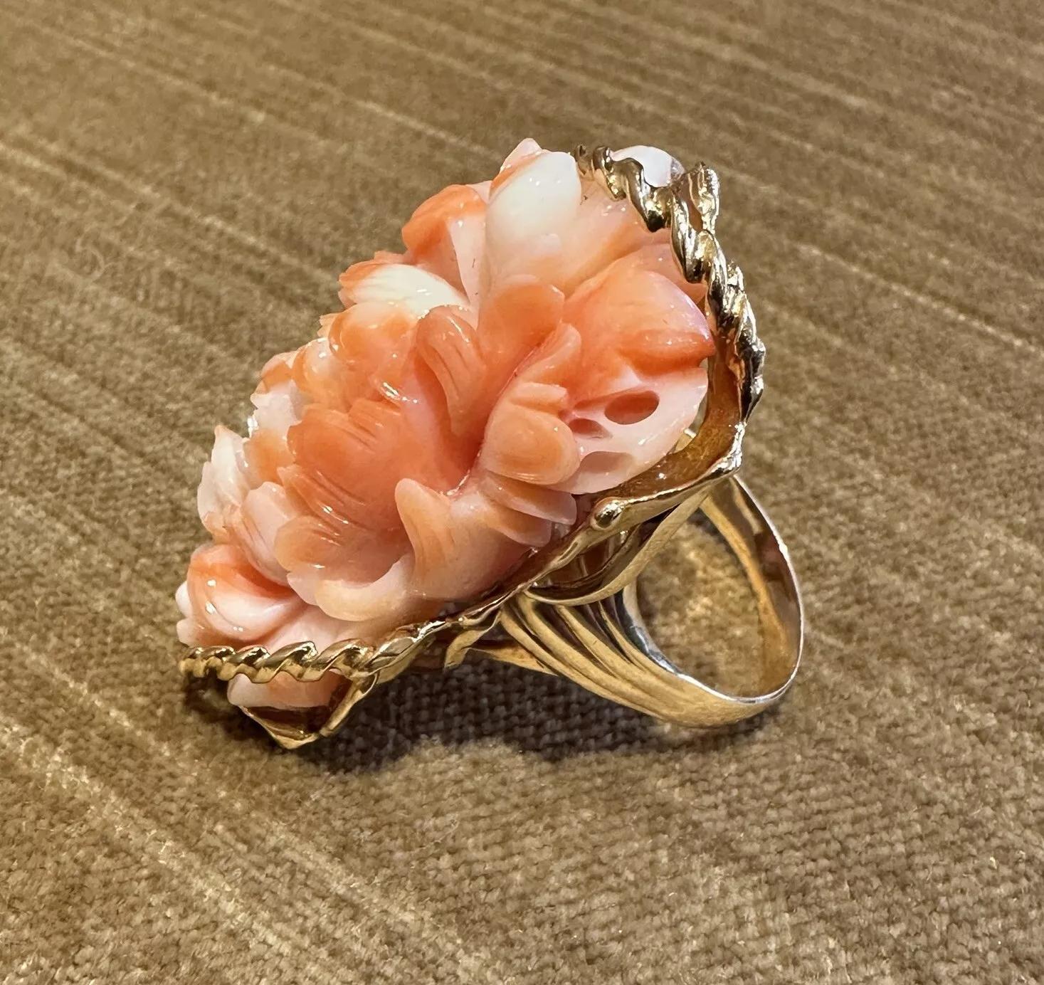 Women's Carved Rose Angel Skin Coral Ring in 18k Yellow Gold For Sale