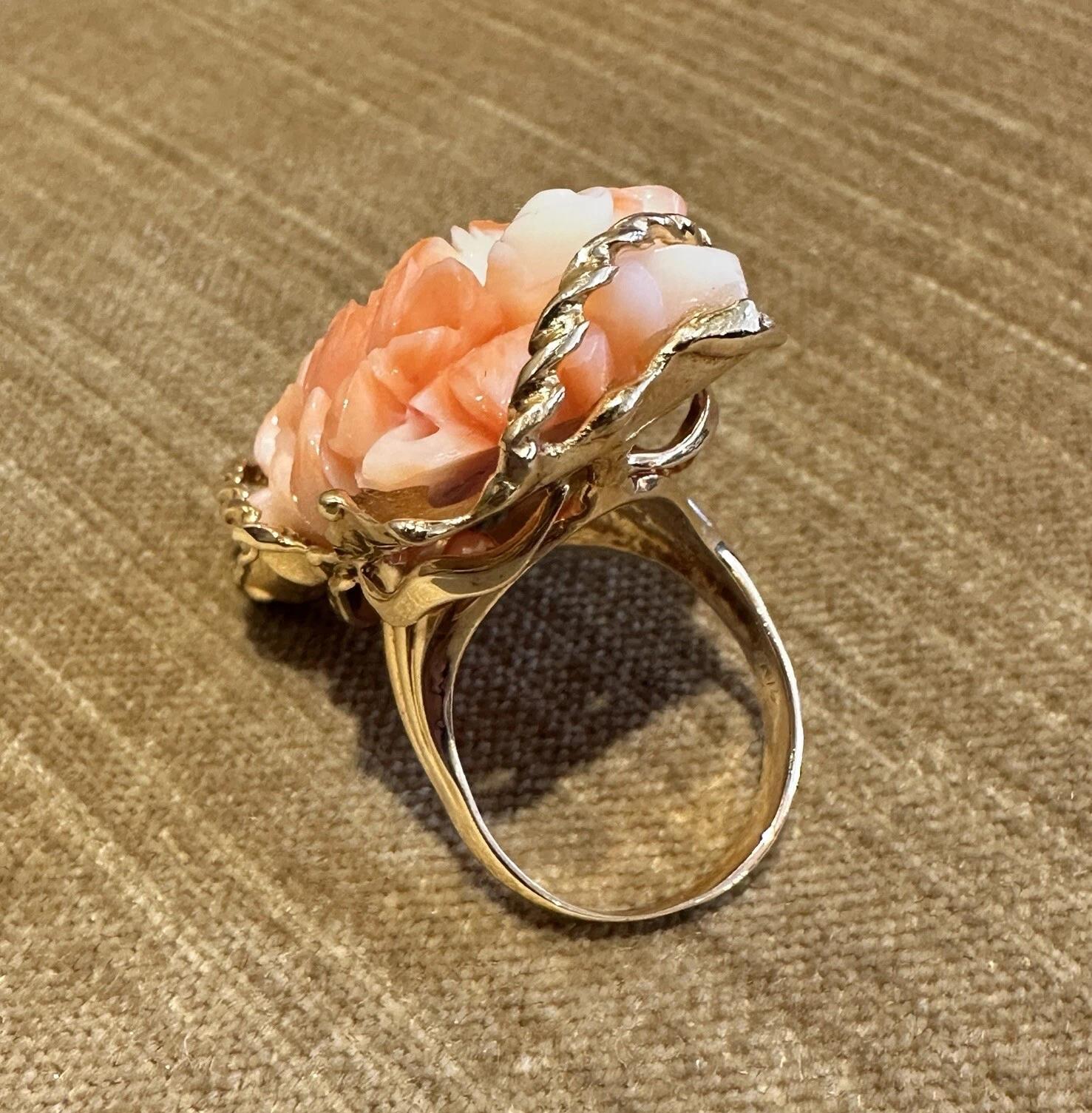 Carved Rose Angel Skin Coral Ring in 18k Yellow Gold For Sale 1