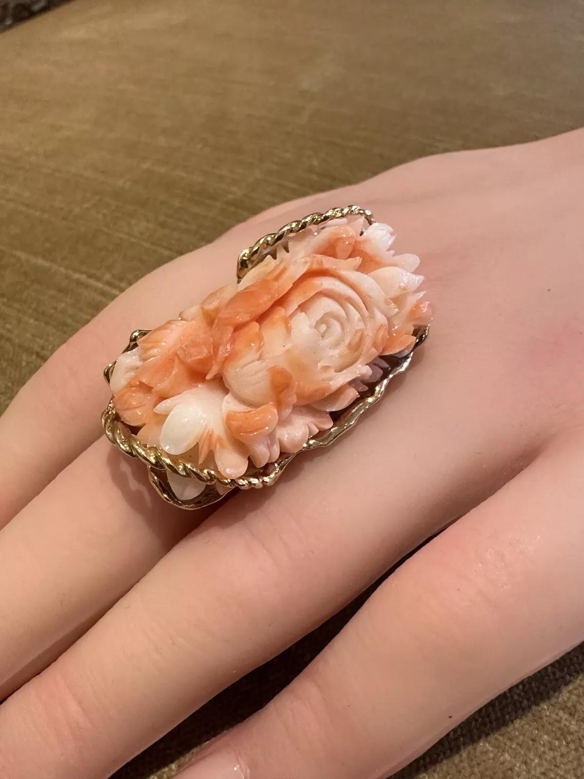 Carved Rose Angel Skin Coral Ring in 18k Yellow Gold For Sale 2