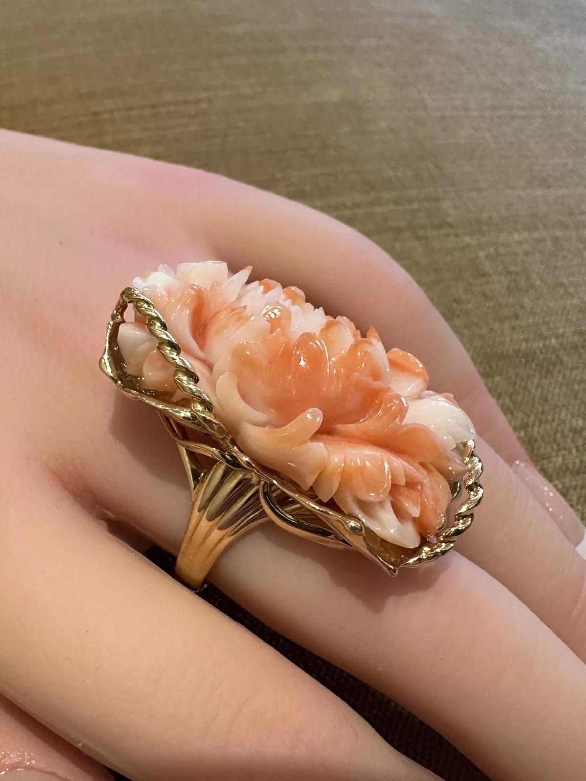 Carved Rose Angel Skin Coral Ring in 18k Yellow Gold For Sale 3