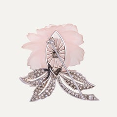 Carved Rose Quartz and 1.91 ct Diamond Platinum Flower Brooch