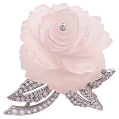 Carved Rose Quartz and 1.91 ct Diamond Platinum Flower Brooch