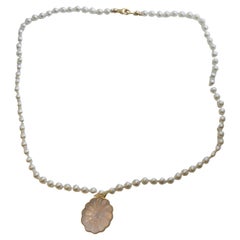 Freshwater Pearl Necklace with Carved Rose Quartz Pendant, 21.5 Inches