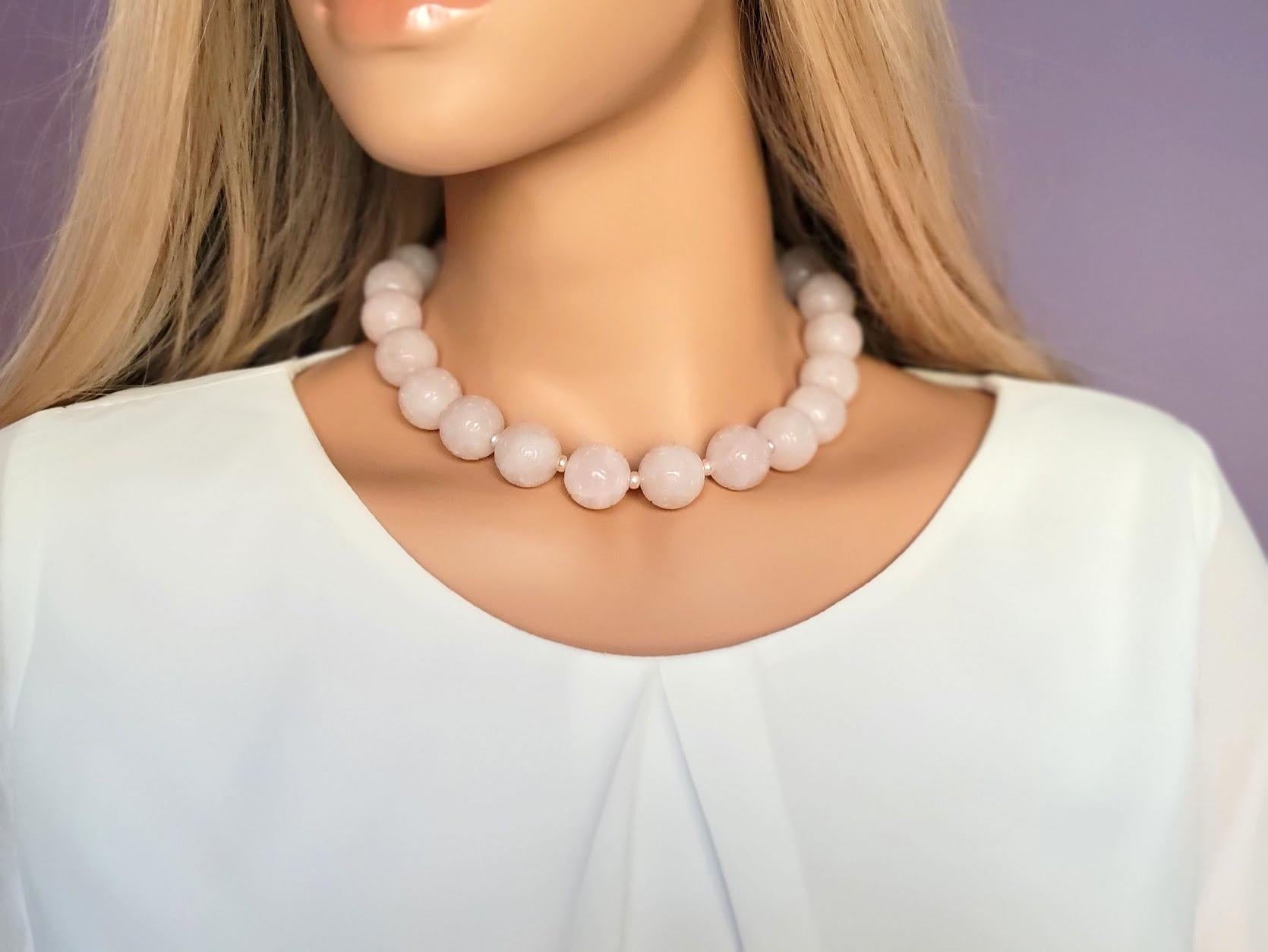 Bead Carved Rose Quartz And Freshwater Pearl Necklace For Sale