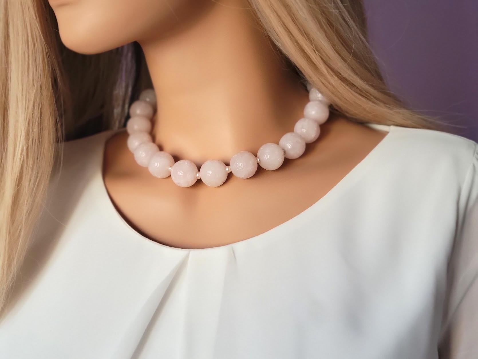 Women's Carved Rose Quartz And Freshwater Pearl Necklace For Sale