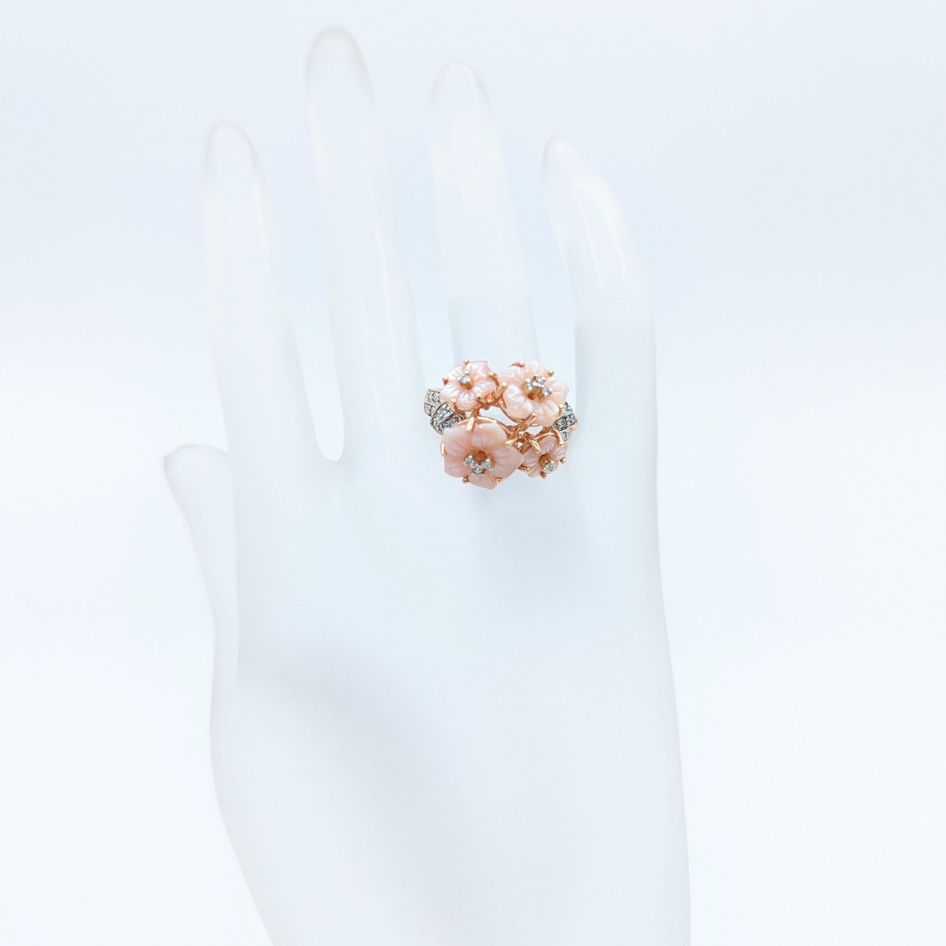Round Cut Carved Rose Quartz and White Diamond Ring in 14K Rose Gold For Sale