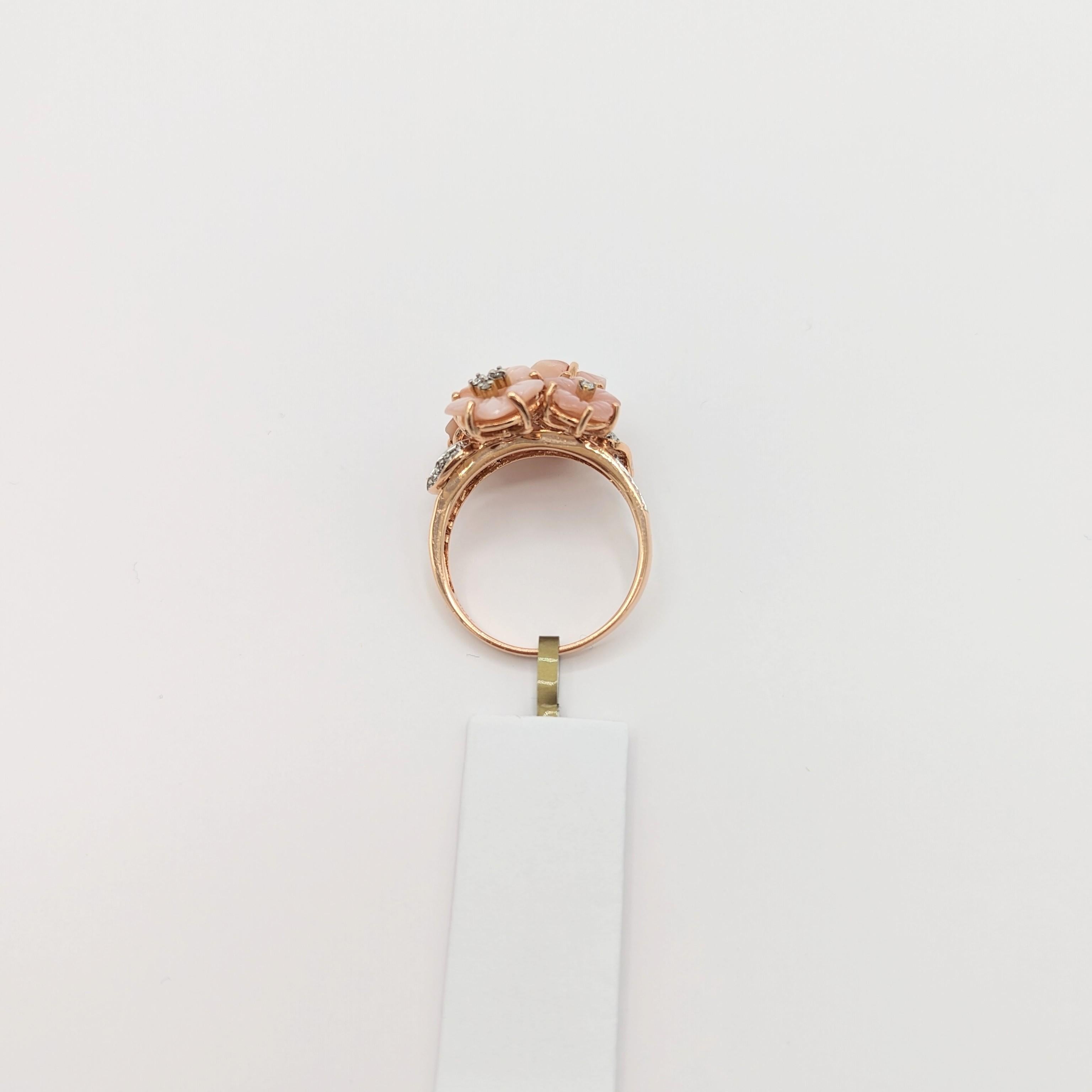 Women's or Men's Carved Rose Quartz and White Diamond Ring in 14K Rose Gold For Sale