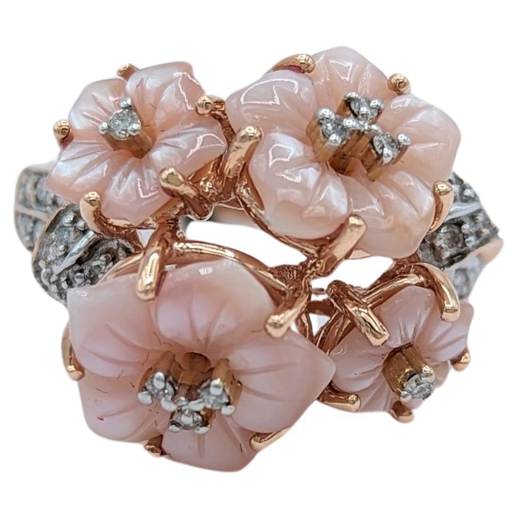 Carved Rose Quartz and White Diamond Ring in 14K Rose Gold For Sale