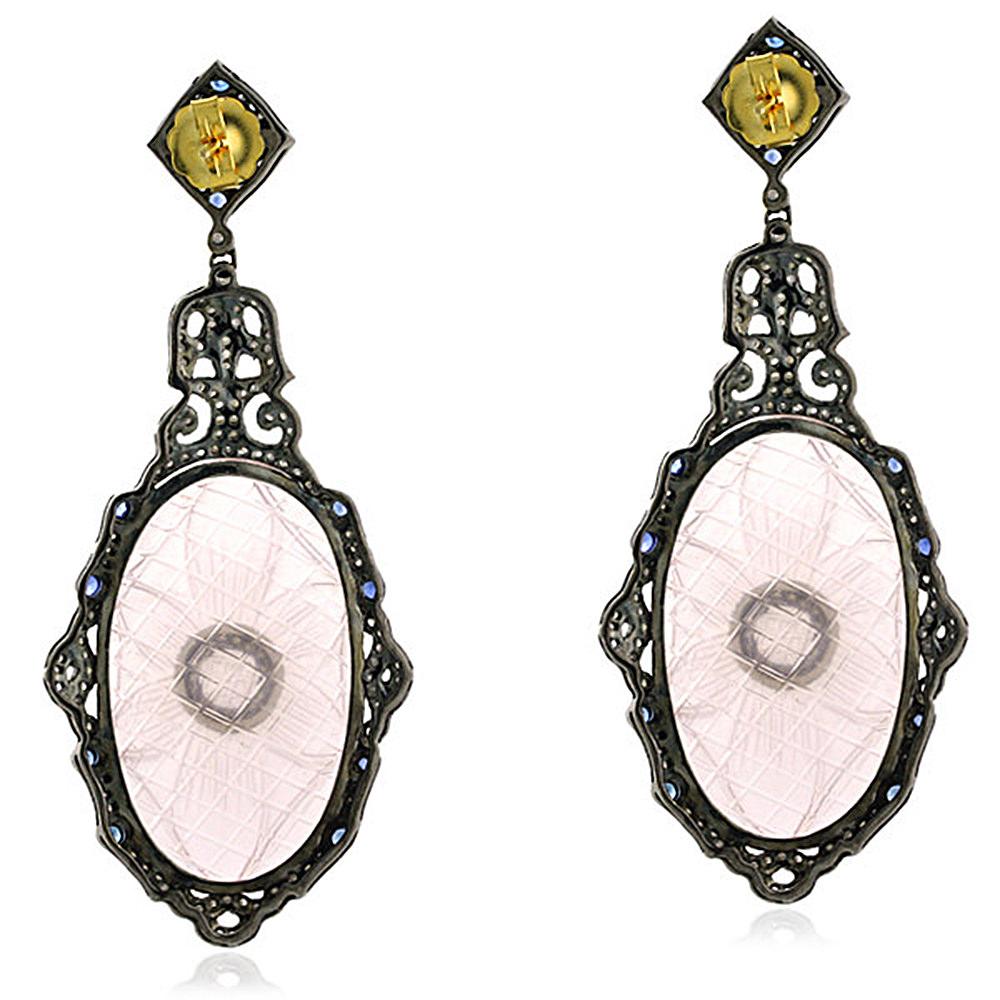Art Nouveau Carved Rose Quartz Earring with Diamonds and Blue Sapphire in 18k Gold For Sale