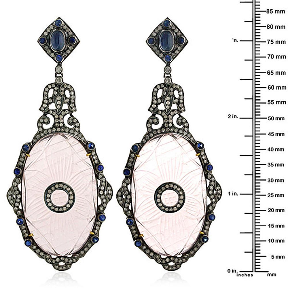 Art Nouveau Carved Rose Quartz Earring with Diamonds and Blue Sapphire in 18k Gold For Sale