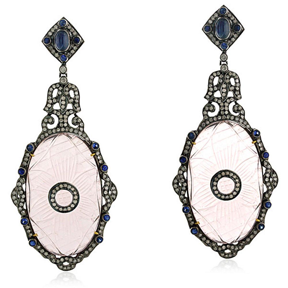 Rose Cut Carved Rose Quartz Earring with Diamonds and Blue Sapphire in 18k Gold For Sale