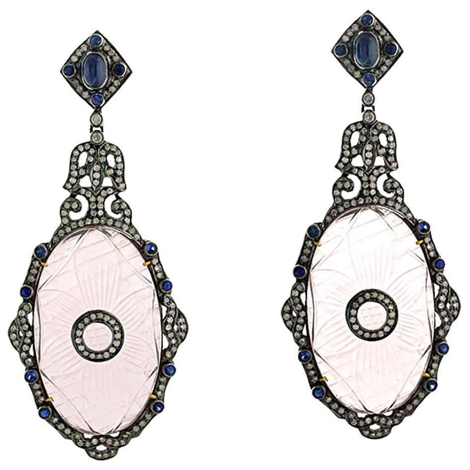 Carved Rose Quartz Earring with Diamonds and Blue Sapphire in 18k Gold For Sale