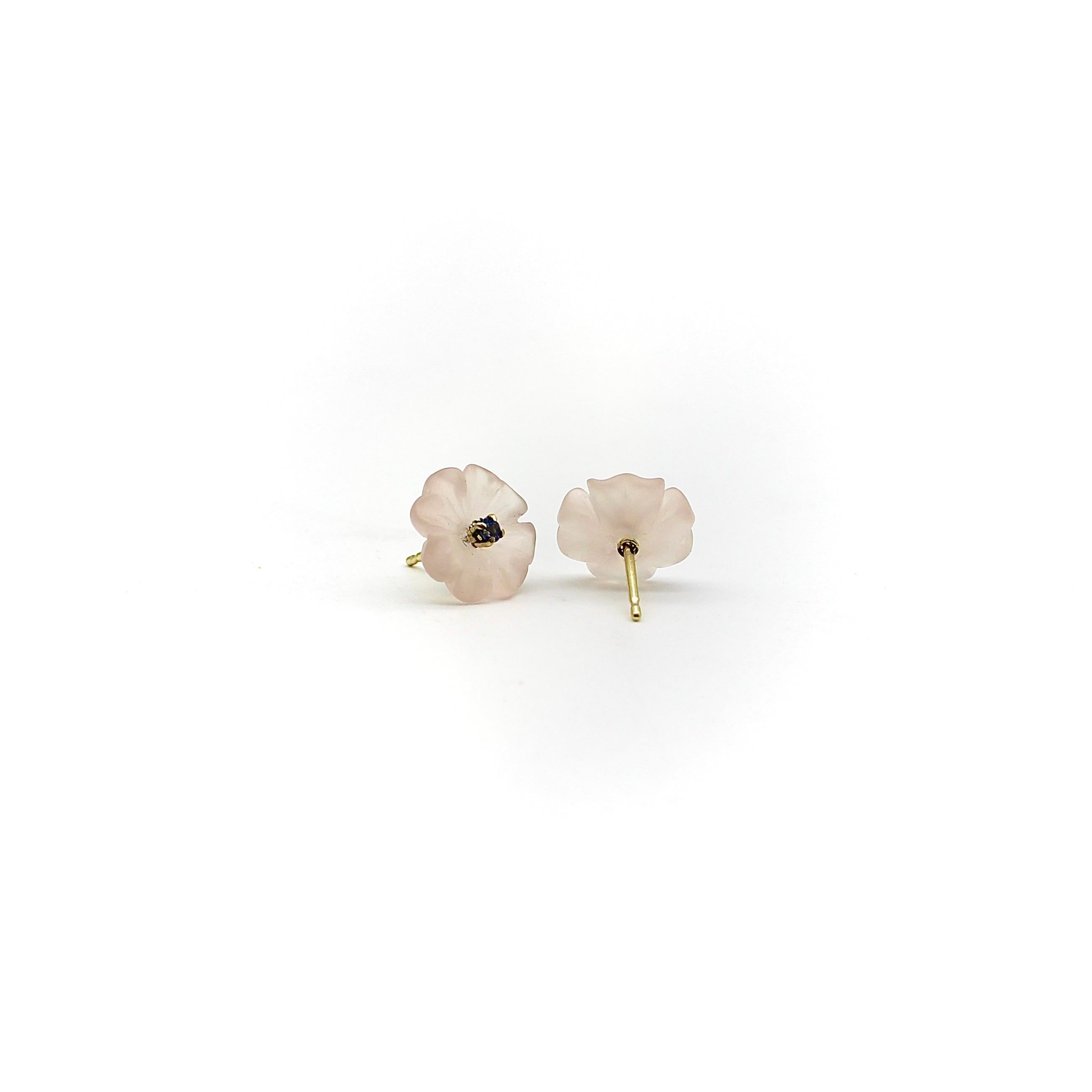 Carved Rose Quartz Flower Earrings with 14k Gold Mount In New Condition In Venice, CA