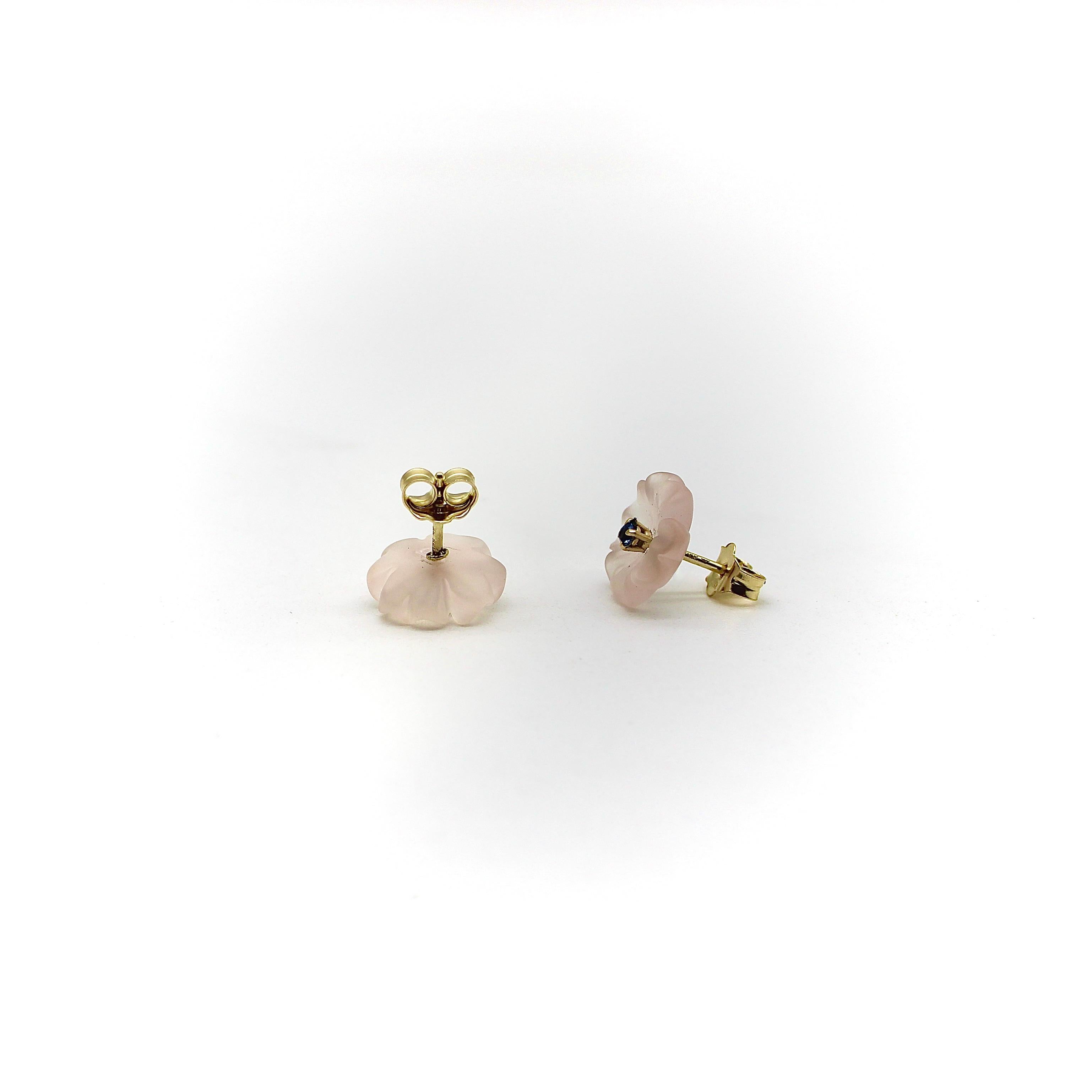 Men's Carved Rose Quartz Flower Earrings with 14k Gold Mount For Sale