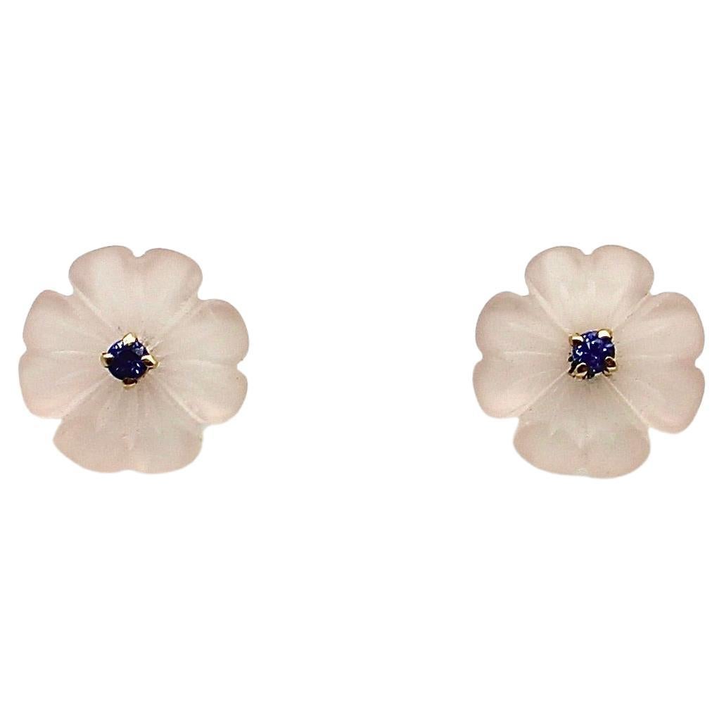 Carved Rose Quartz Flower Earrings with 14k Gold Mount For Sale
