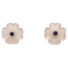 Boucles d'oreilles à fleurs en quartz rose sculpté avec monture en or 14 carats 