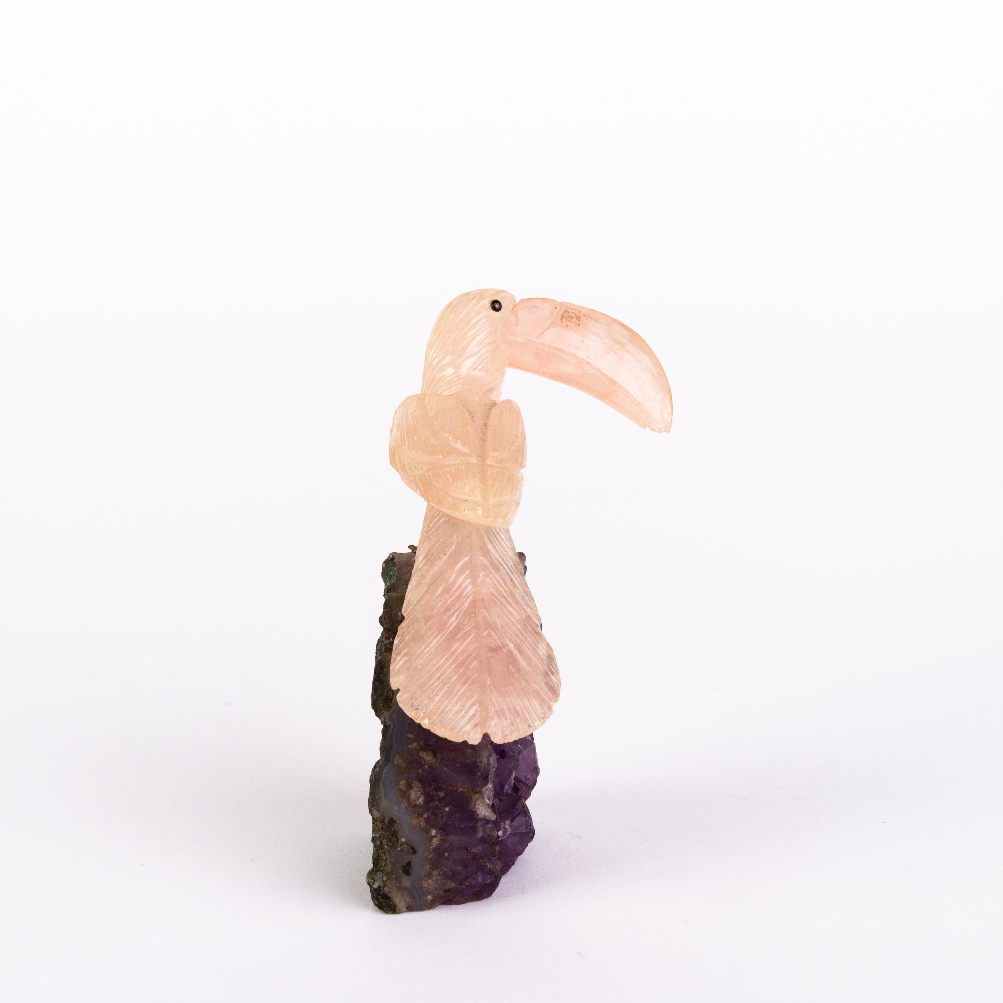 Carved Rose Quartz Gemstone & Amethyst Geode Exotic Pelican Bird Sculpture 
Good condition 
From a private collection.
Free international shipping.