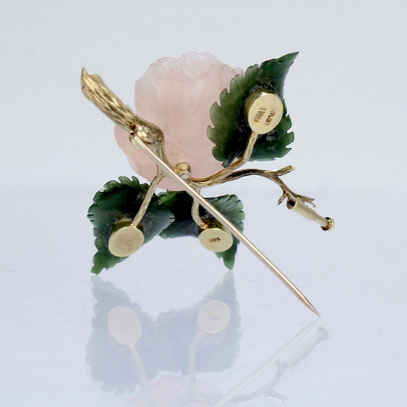 Carved Rose Quartz, Jade, and 14 Karat Gold Figural Wild Rose Brooch 5