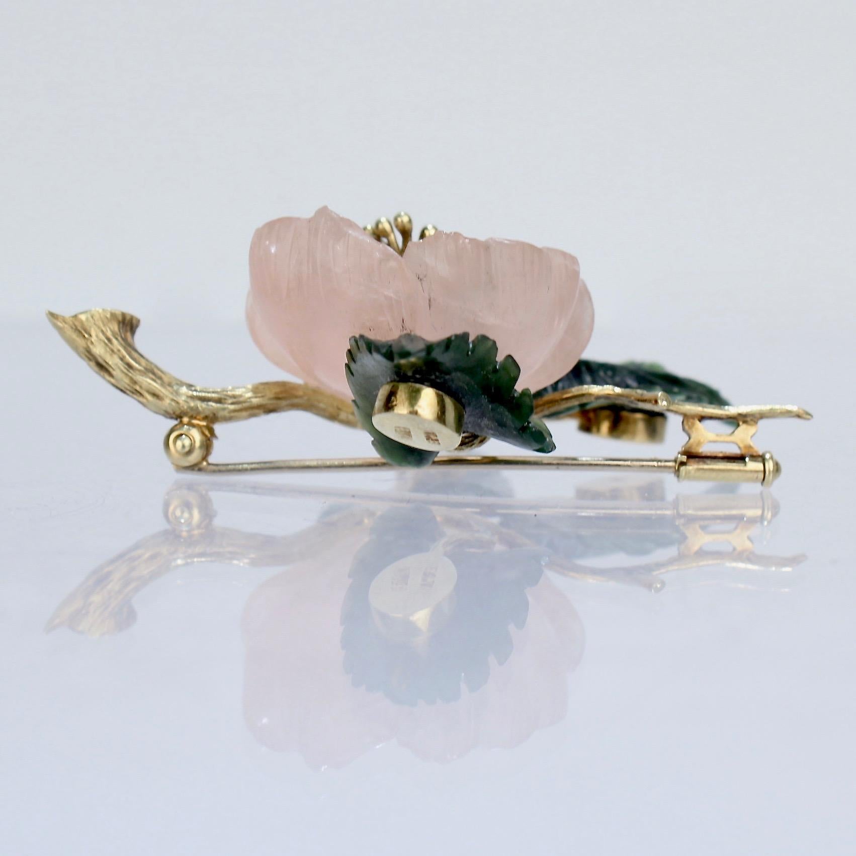 Carved Rose Quartz, Jade, and 14 Karat Gold Figural Wild Rose Brooch In Good Condition In Philadelphia, PA