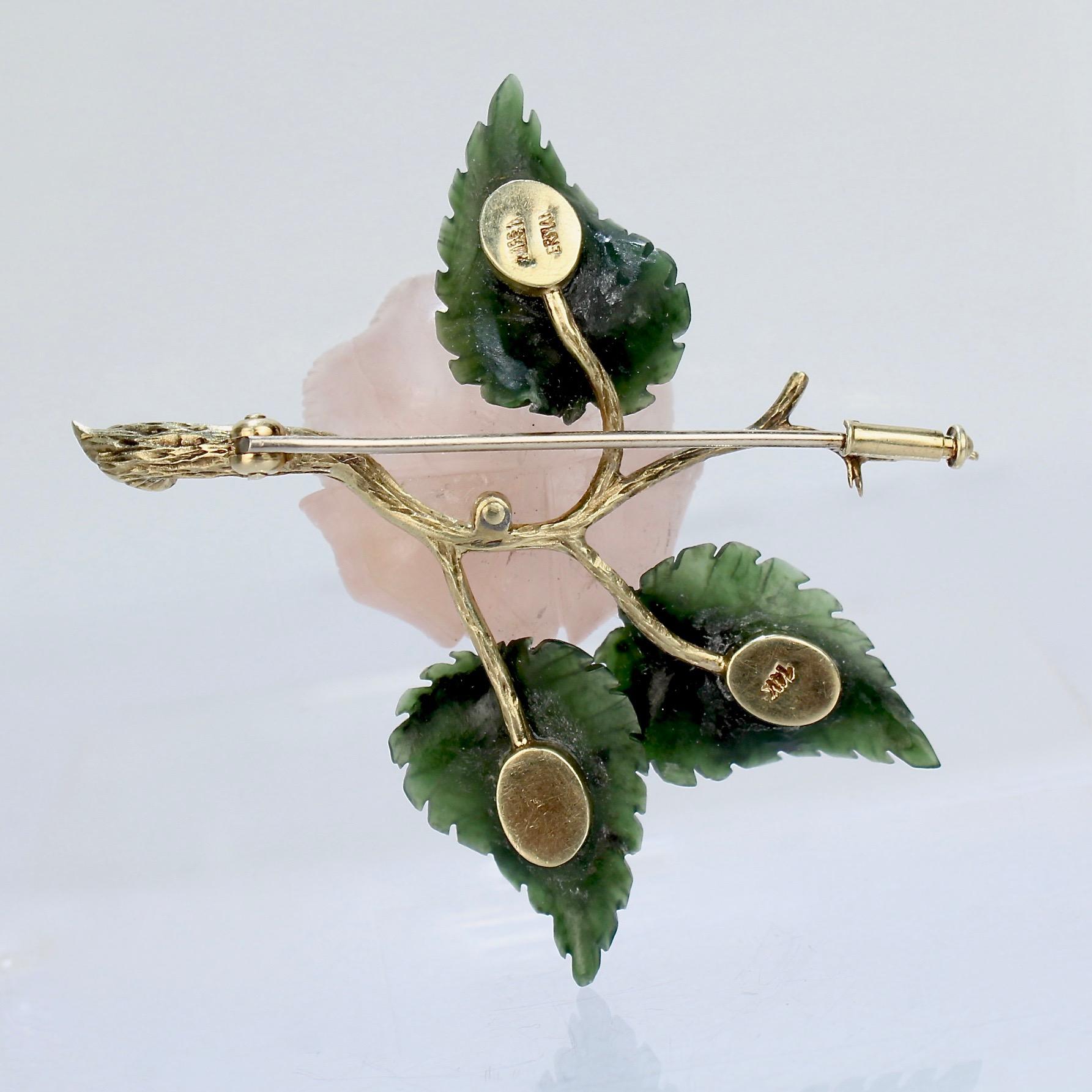 Carved Rose Quartz, Jade, and 14 Karat Gold Figural Wild Rose Brooch 2