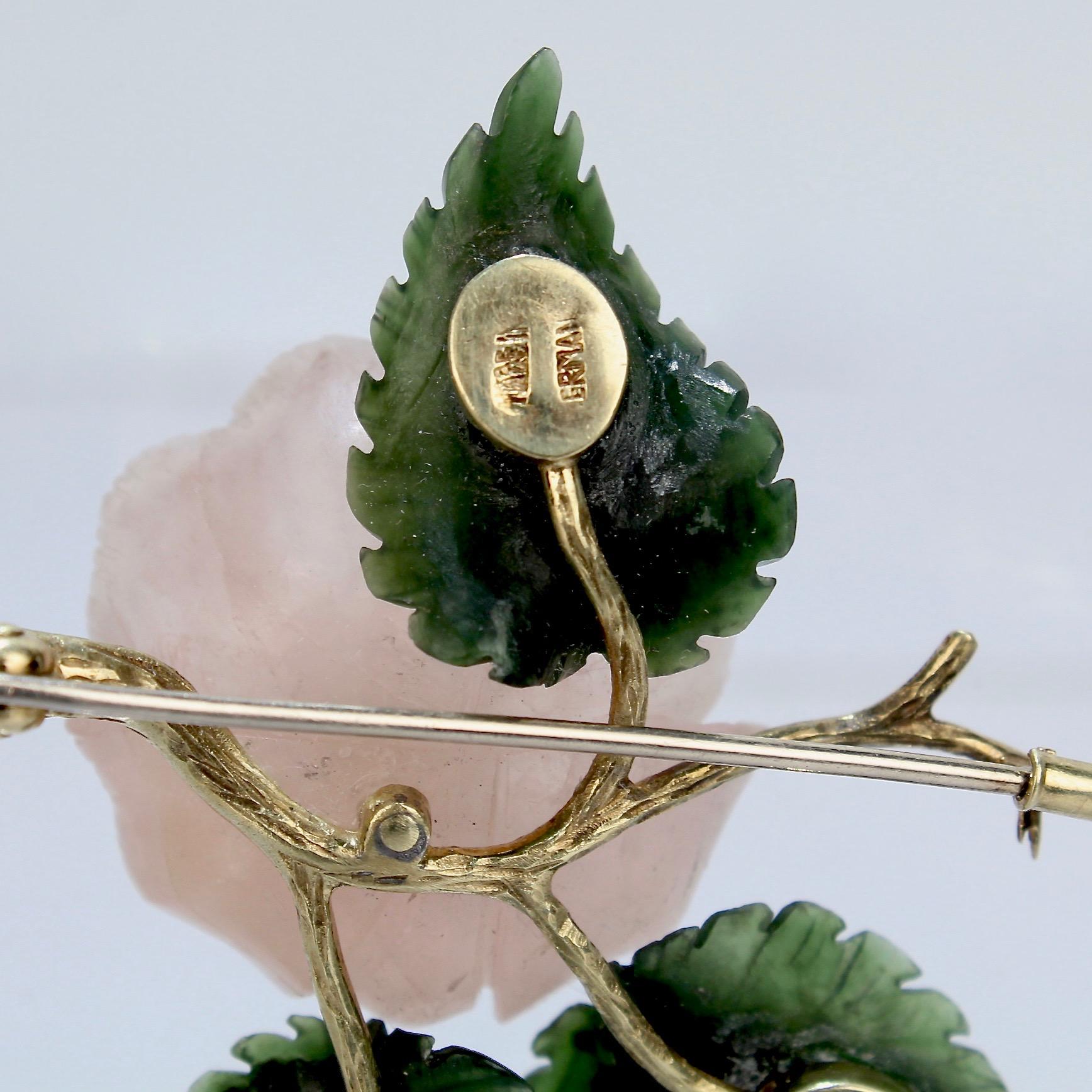 Carved Rose Quartz, Jade, and 14 Karat Gold Figural Wild Rose Brooch 3