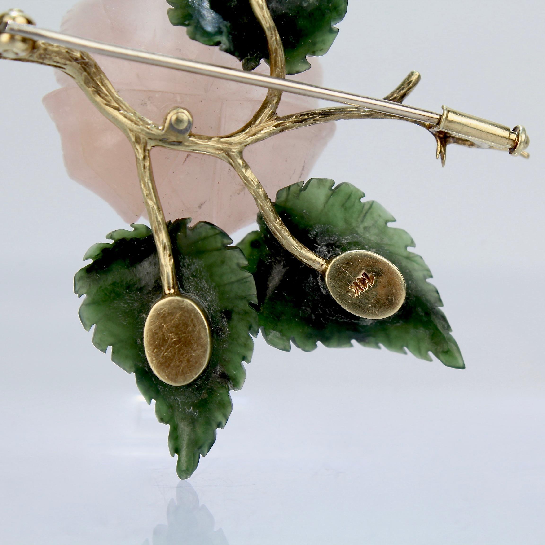 Carved Rose Quartz, Jade, and 14 Karat Gold Figural Wild Rose Brooch 4