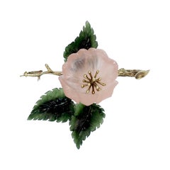 Carved Rose Quartz, Jade, and 14 Karat Gold Figural Wild Rose Brooch