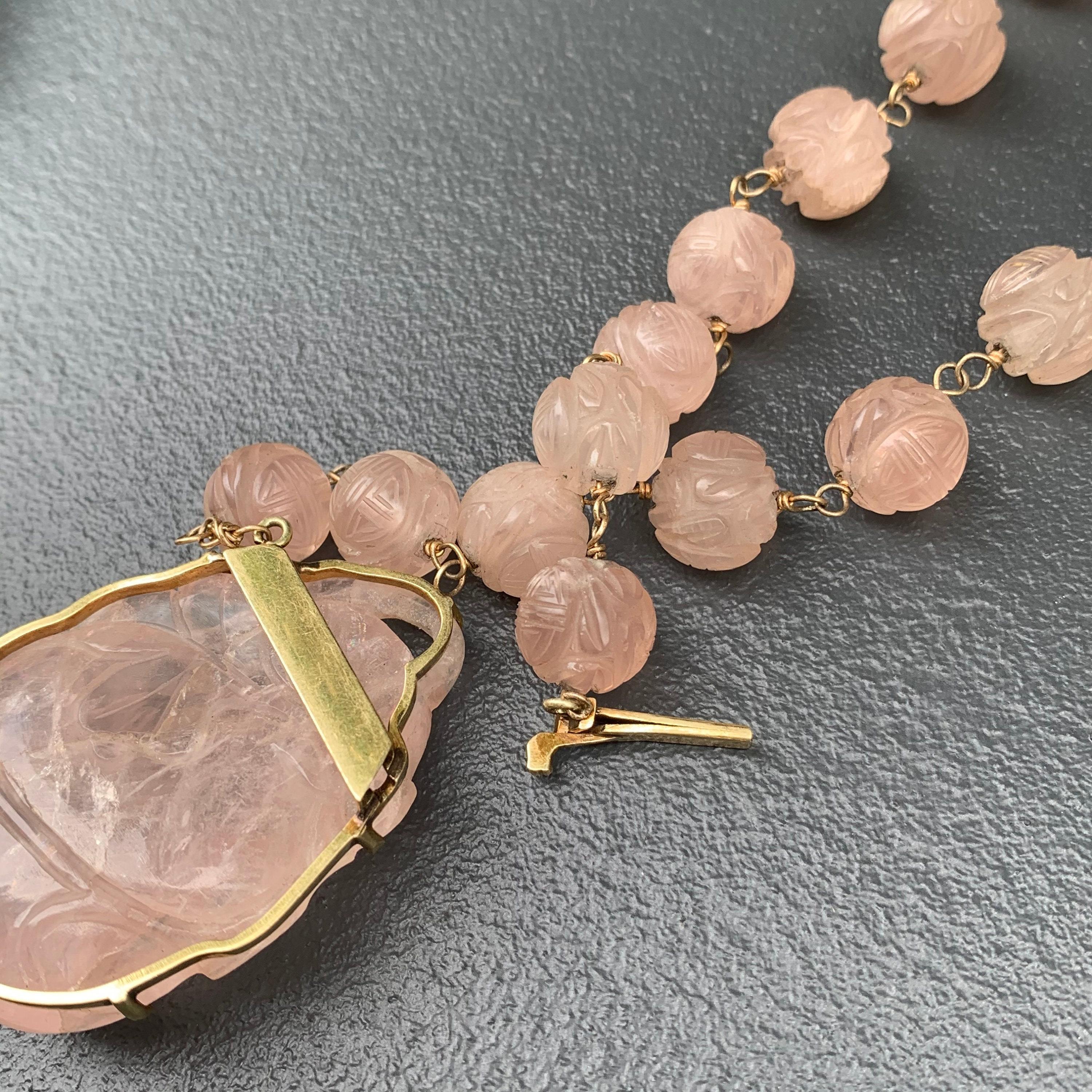 Rose Cut Carved Rose Quartz Pendant Beaded Necklace 14kt gold For Sale