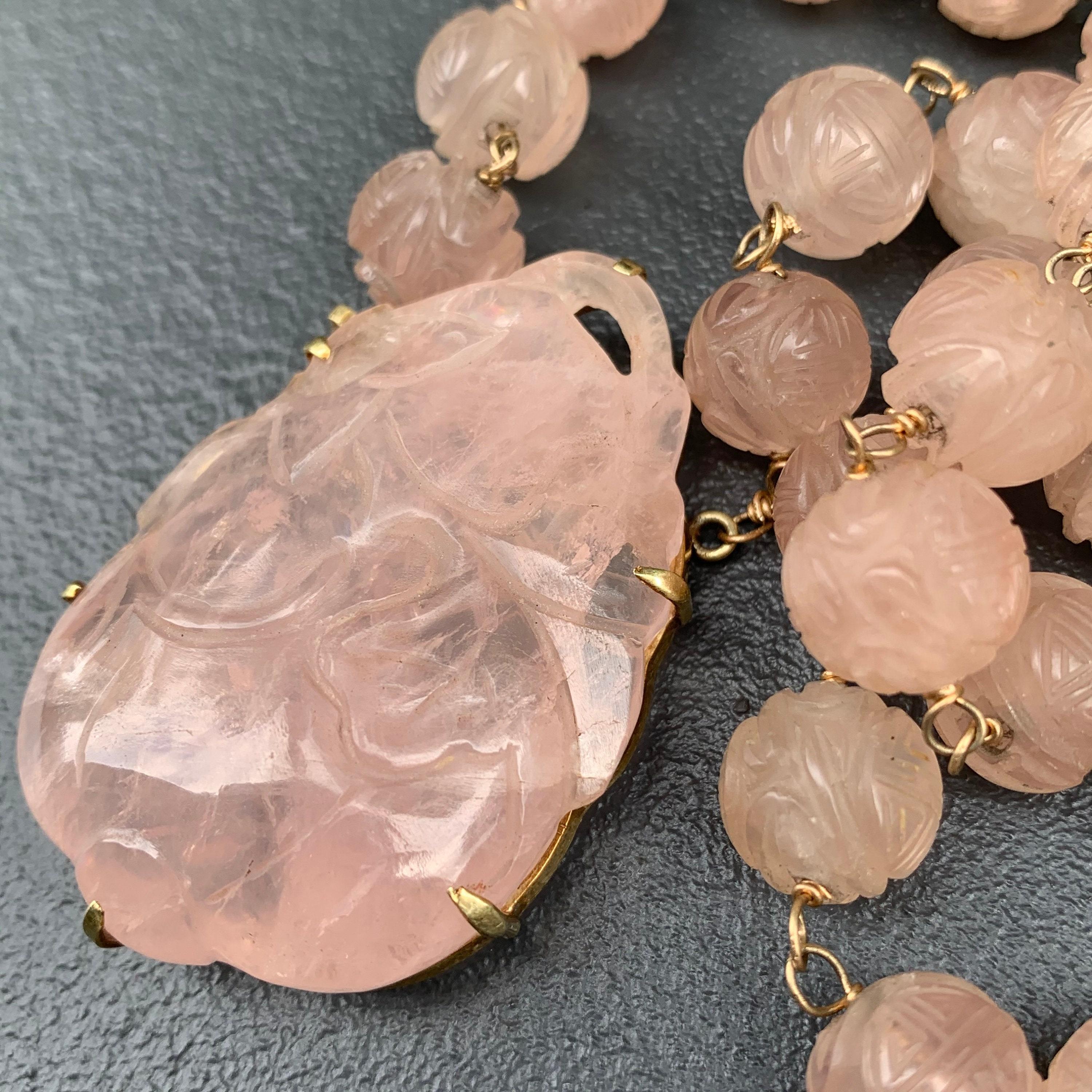 Carved Rose Quartz Pendant Beaded Necklace 14kt gold In Good Condition For Sale In Monroe Township, NJ