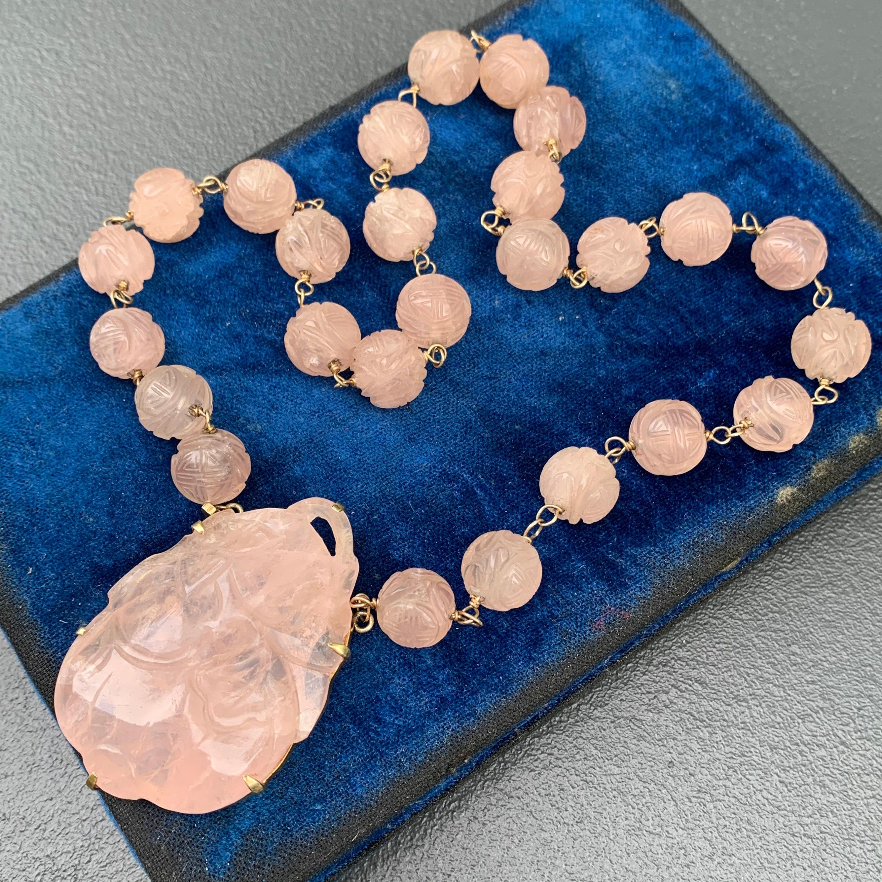 Women's Carved Rose Quartz Pendant Beaded Necklace 14kt gold For Sale