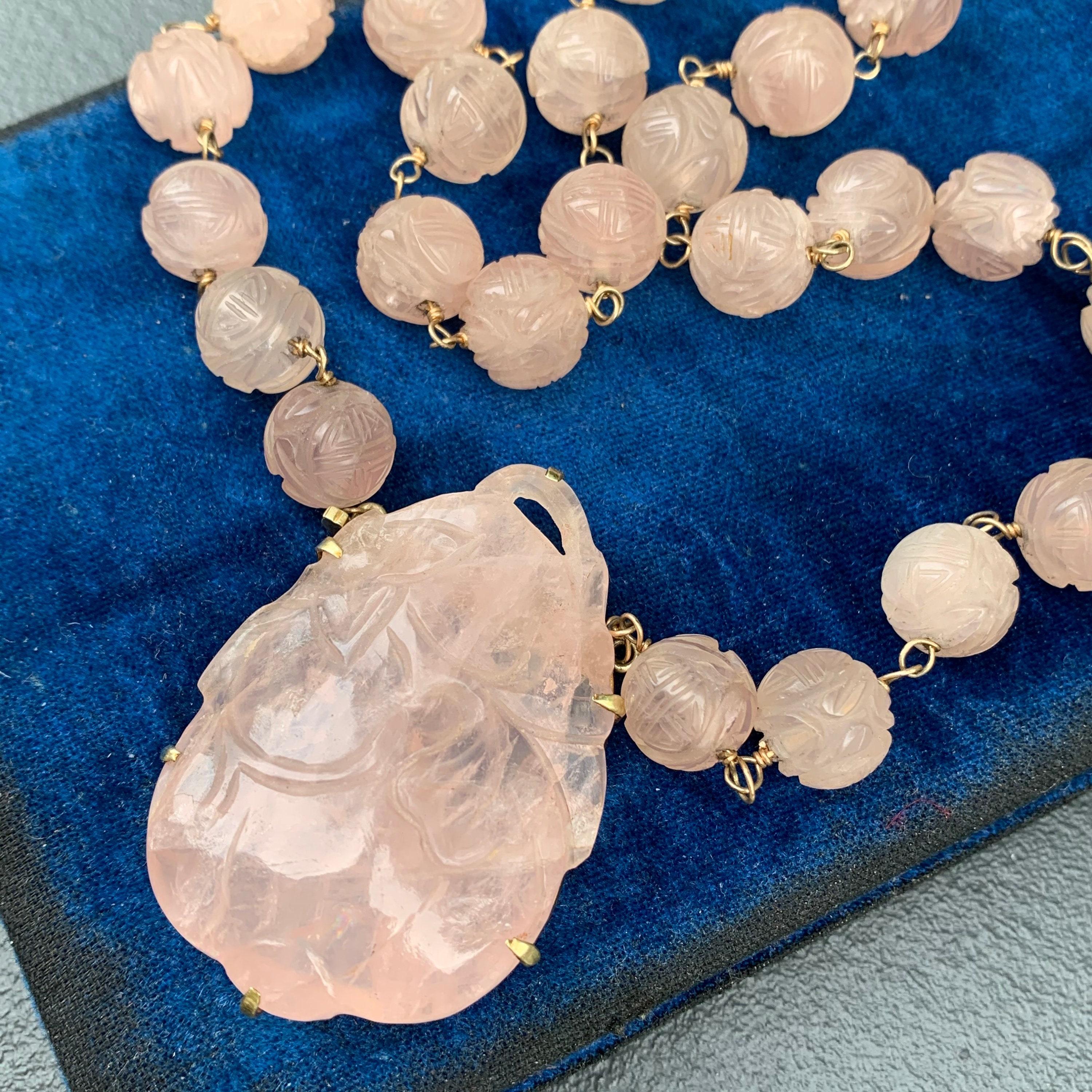 Carved Rose Quartz Pendant Beaded Necklace 14kt gold For Sale 1