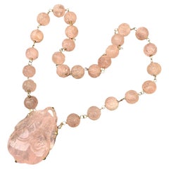 Carved Rose Quartz Pendant Beaded Necklace 14kt gold