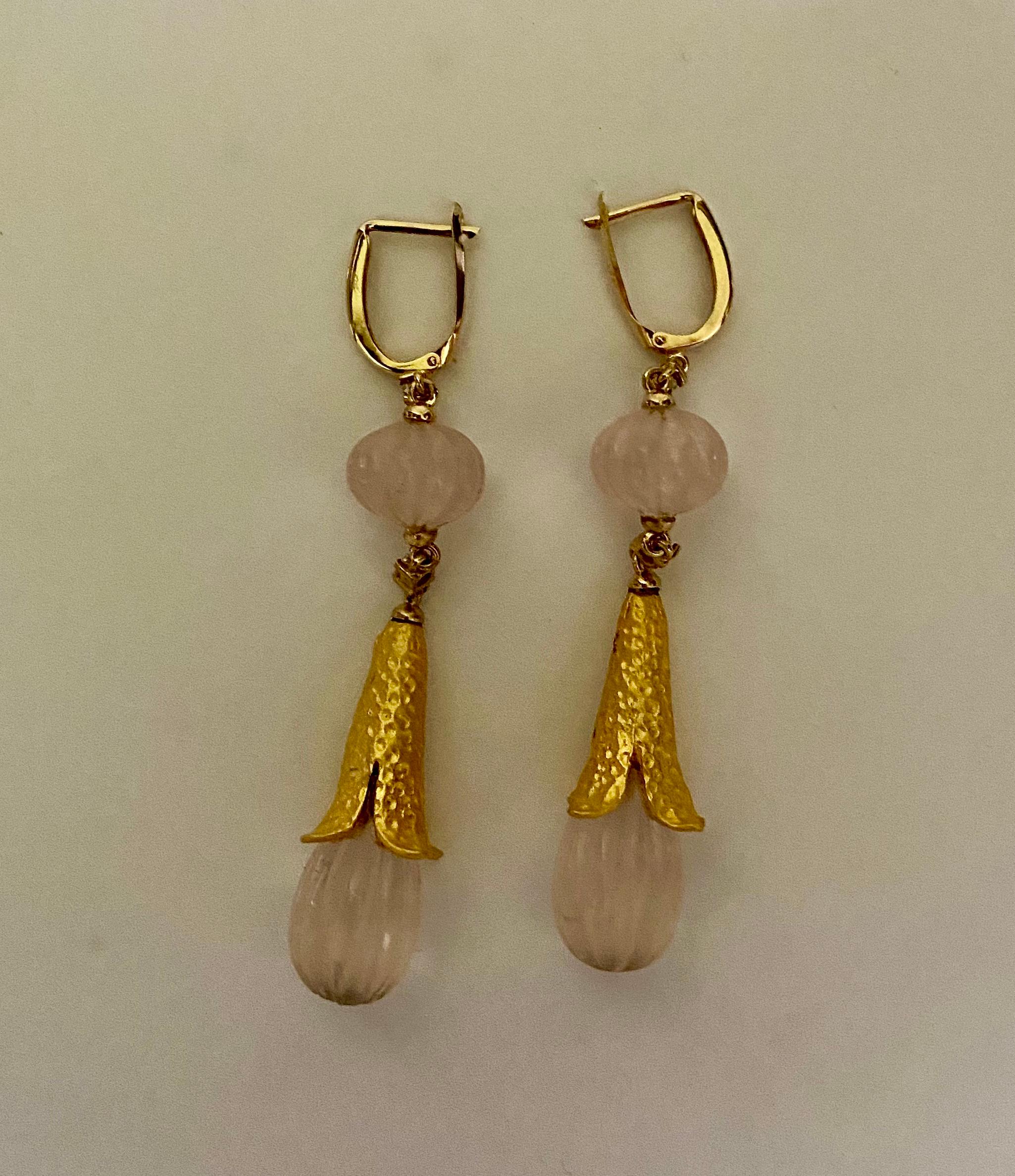 Carved Rose Quartz White Diamond Mughal Style Dangle Earrings For Sale 4