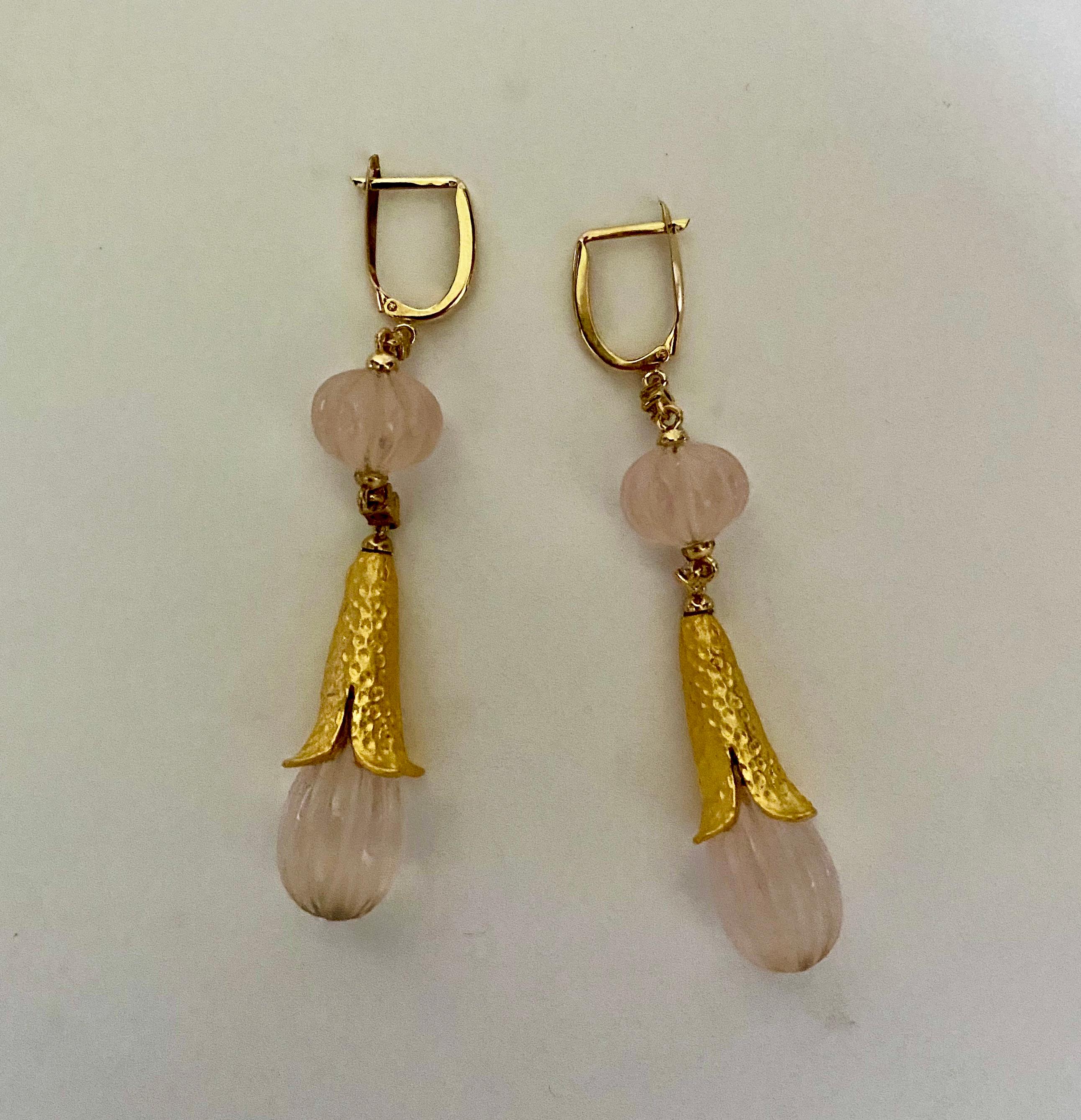 Contemporary Carved Rose Quartz White Diamond Mughal Style Dangle Earrings For Sale