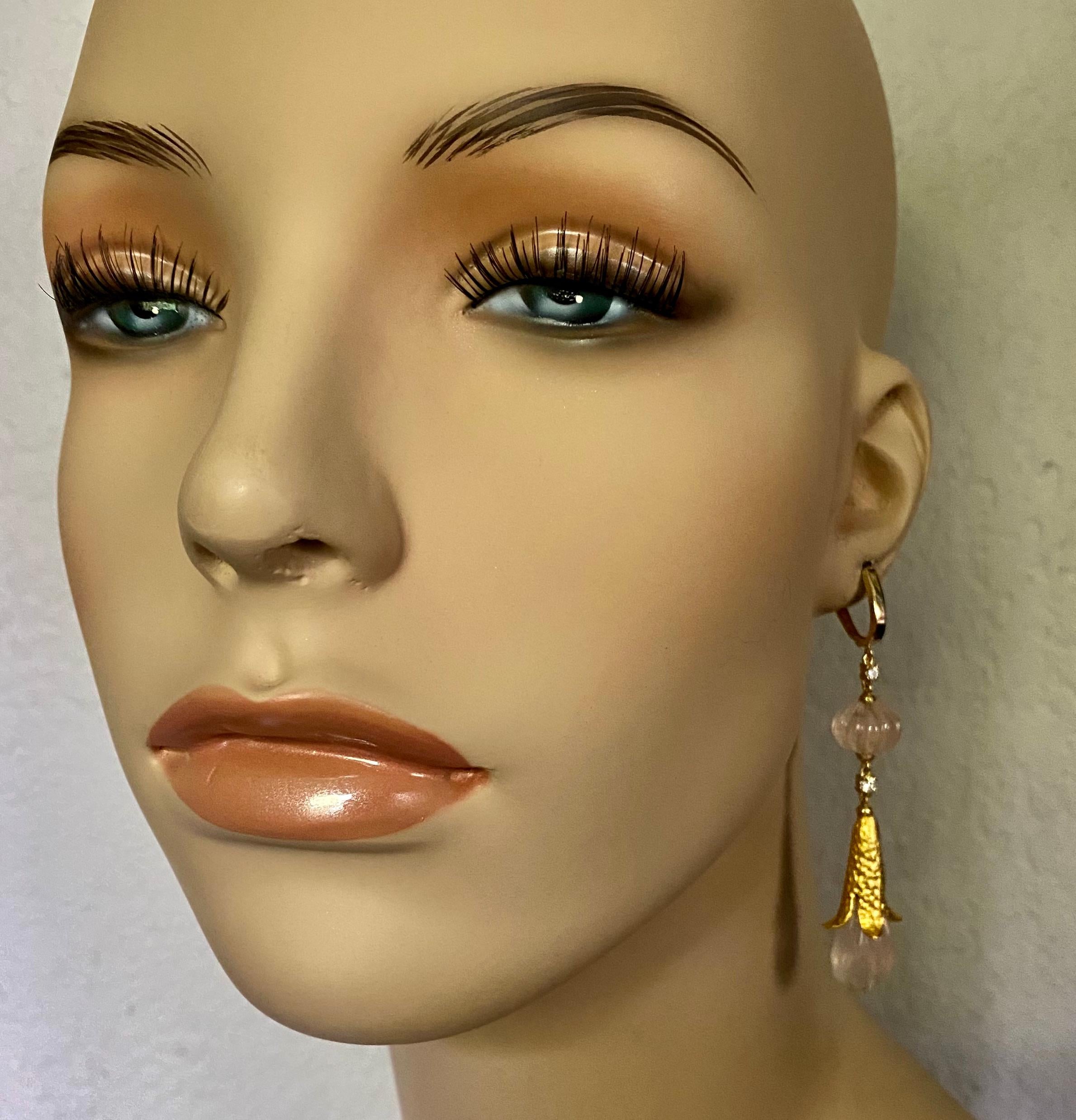Mixed Cut Carved Rose Quartz White Diamond Mughal Style Dangle Earrings For Sale