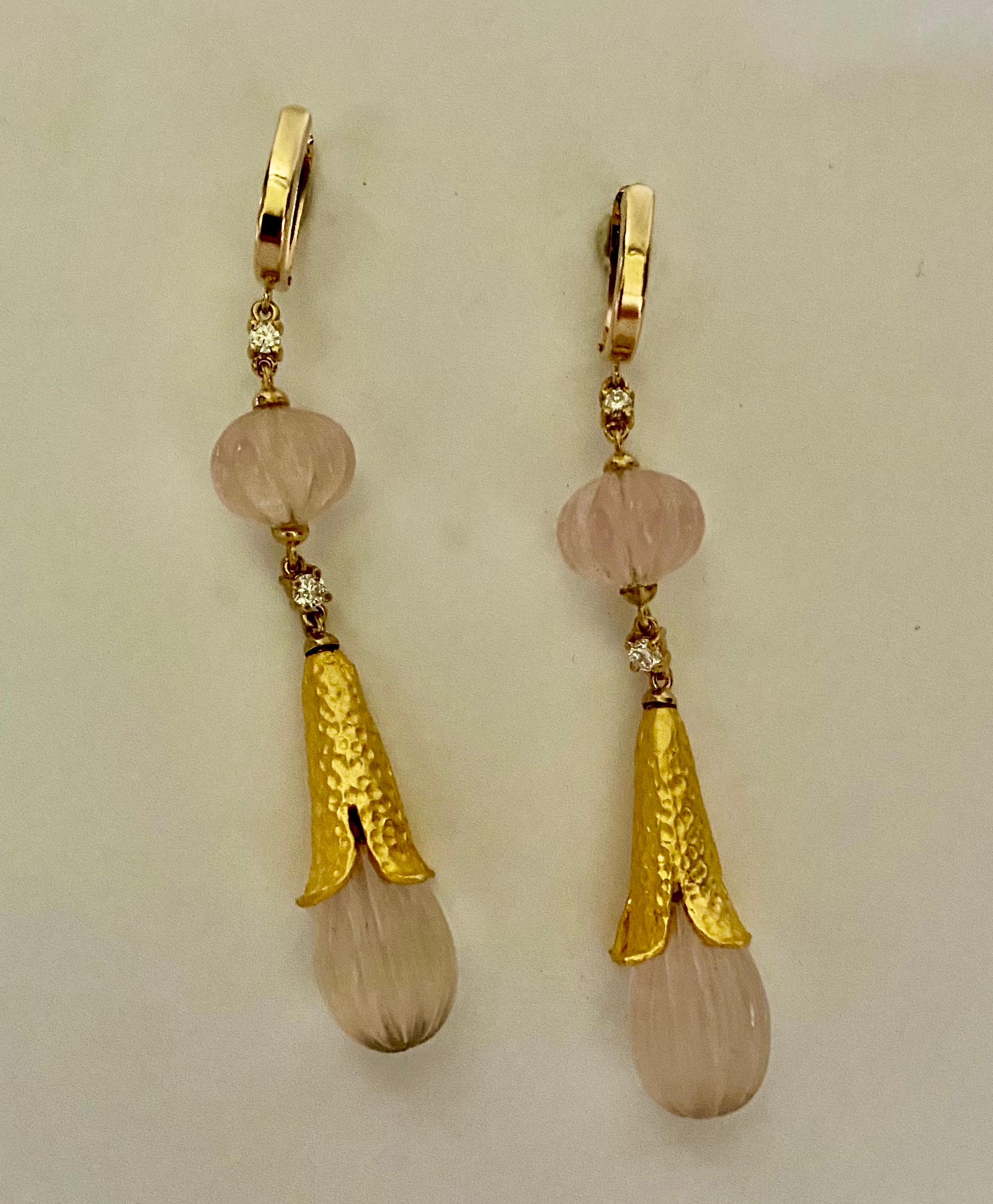 Carved Rose Quartz White Diamond Mughal Style Dangle Earrings In New Condition For Sale In Austin, TX