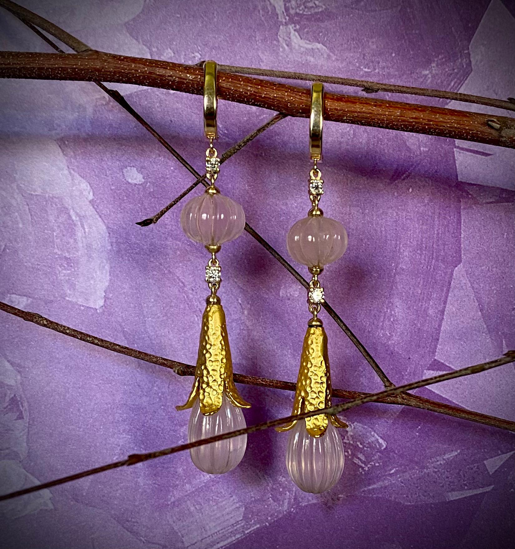 Women's Carved Rose Quartz White Diamond Mughal Style Dangle Earrings For Sale