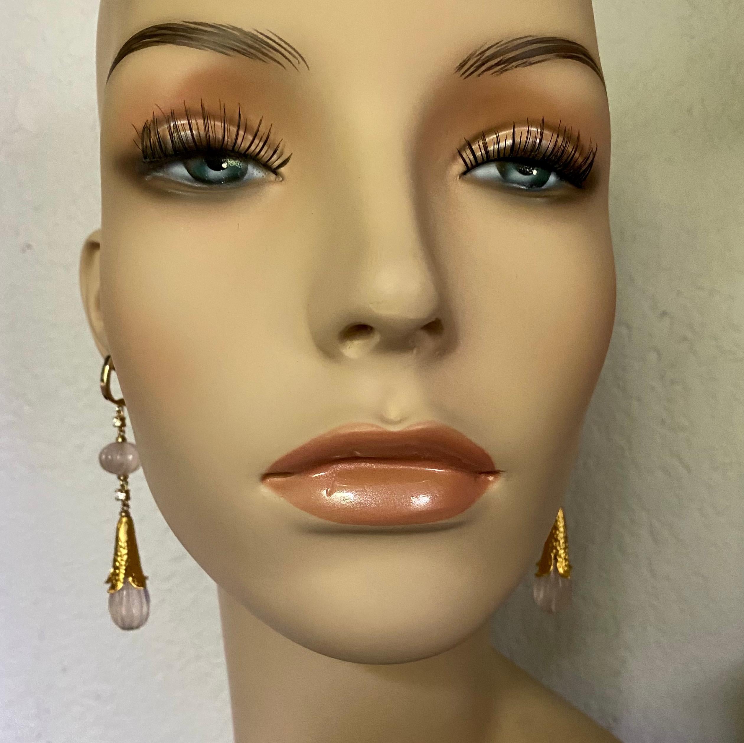 Carved Rose Quartz White Diamond Mughal Style Dangle Earrings For Sale 1