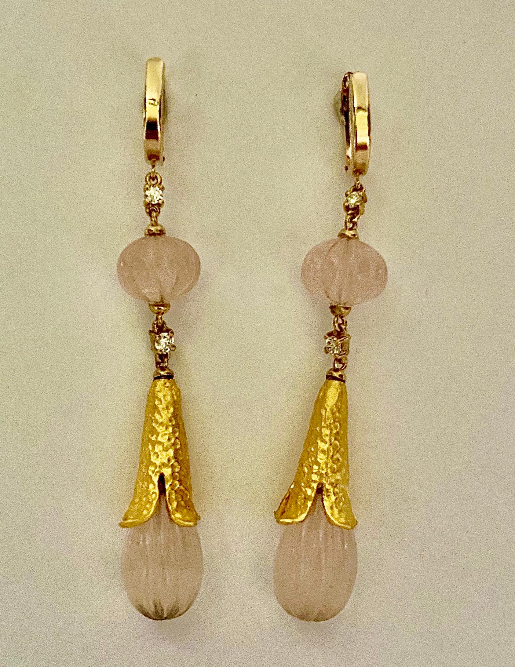 Carved Rose Quartz White Diamond Mughal Style Dangle Earrings For Sale 2