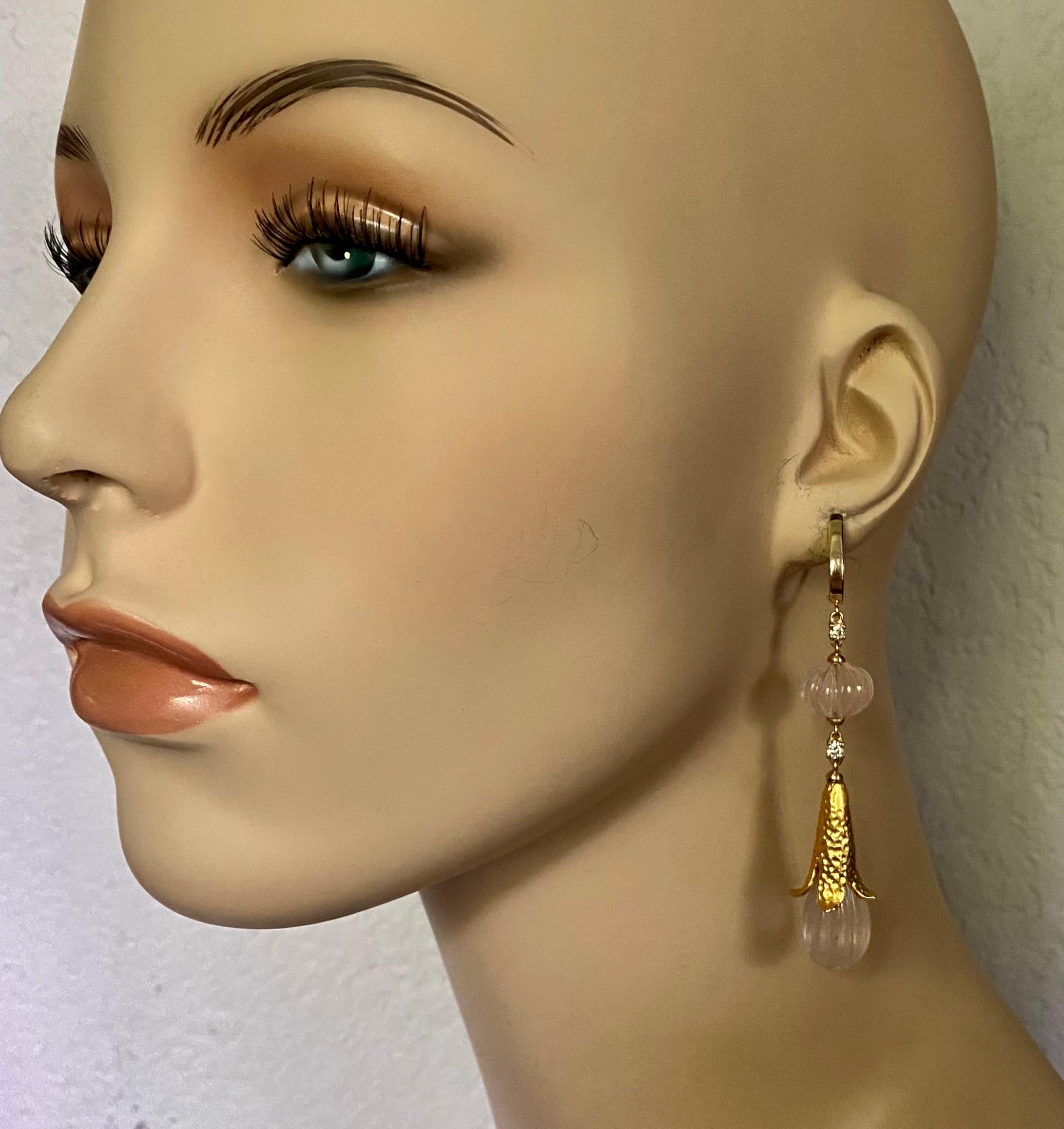 Carved Rose Quartz White Diamond Mughal Style Dangle Earrings For Sale 3