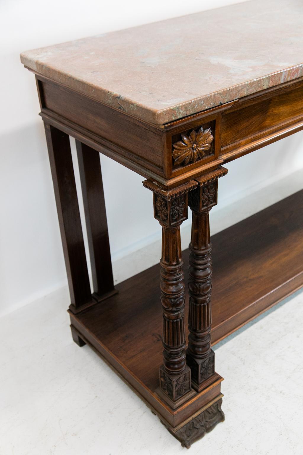Carved Rosewood English Marble-Top Console Table In Good Condition For Sale In Wilson, NC