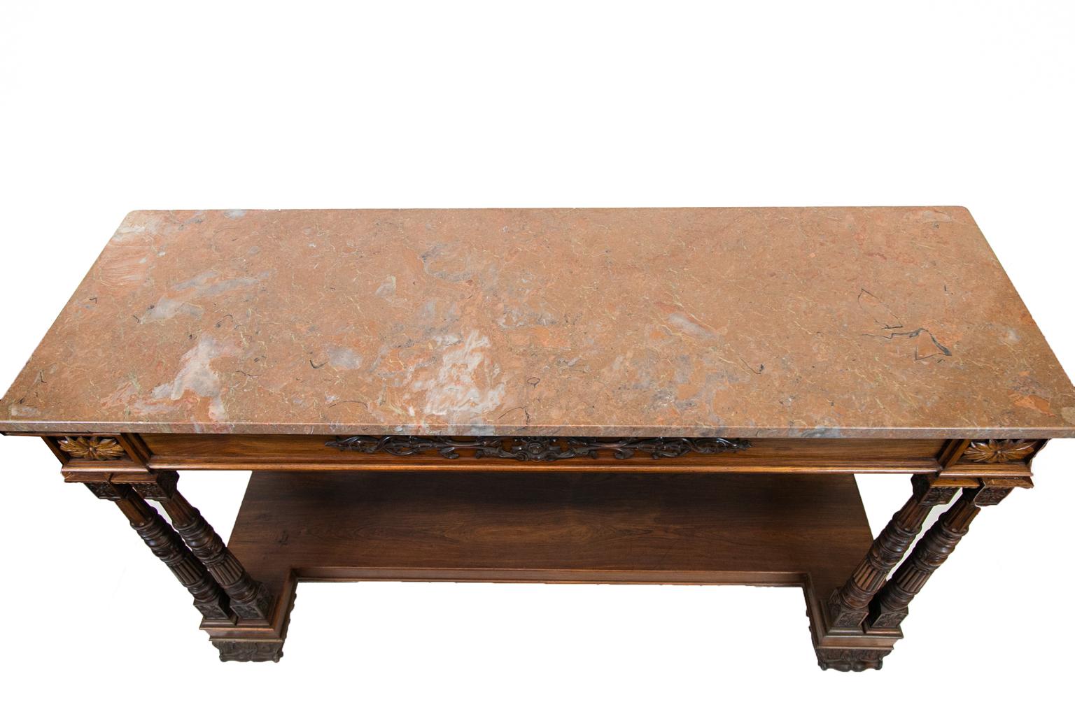 Mid-19th Century Carved Rosewood English Marble-Top Console Table For Sale