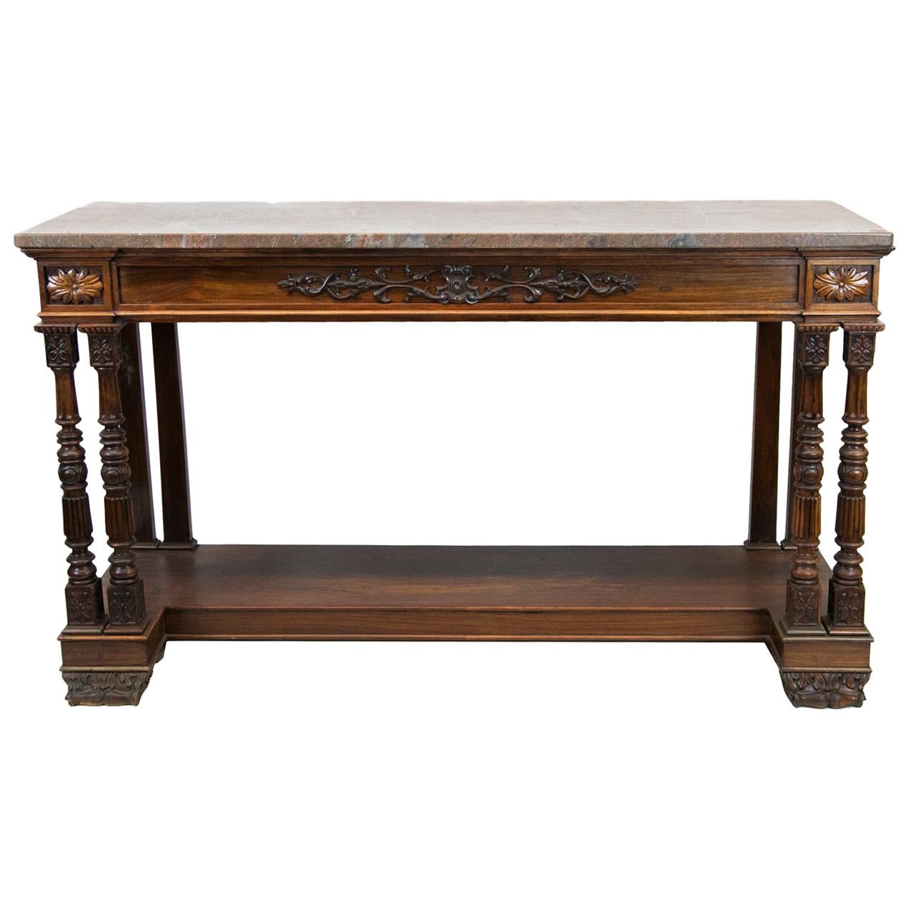 Table console anglaise en bois de rose sculpté avec plateau en marbre