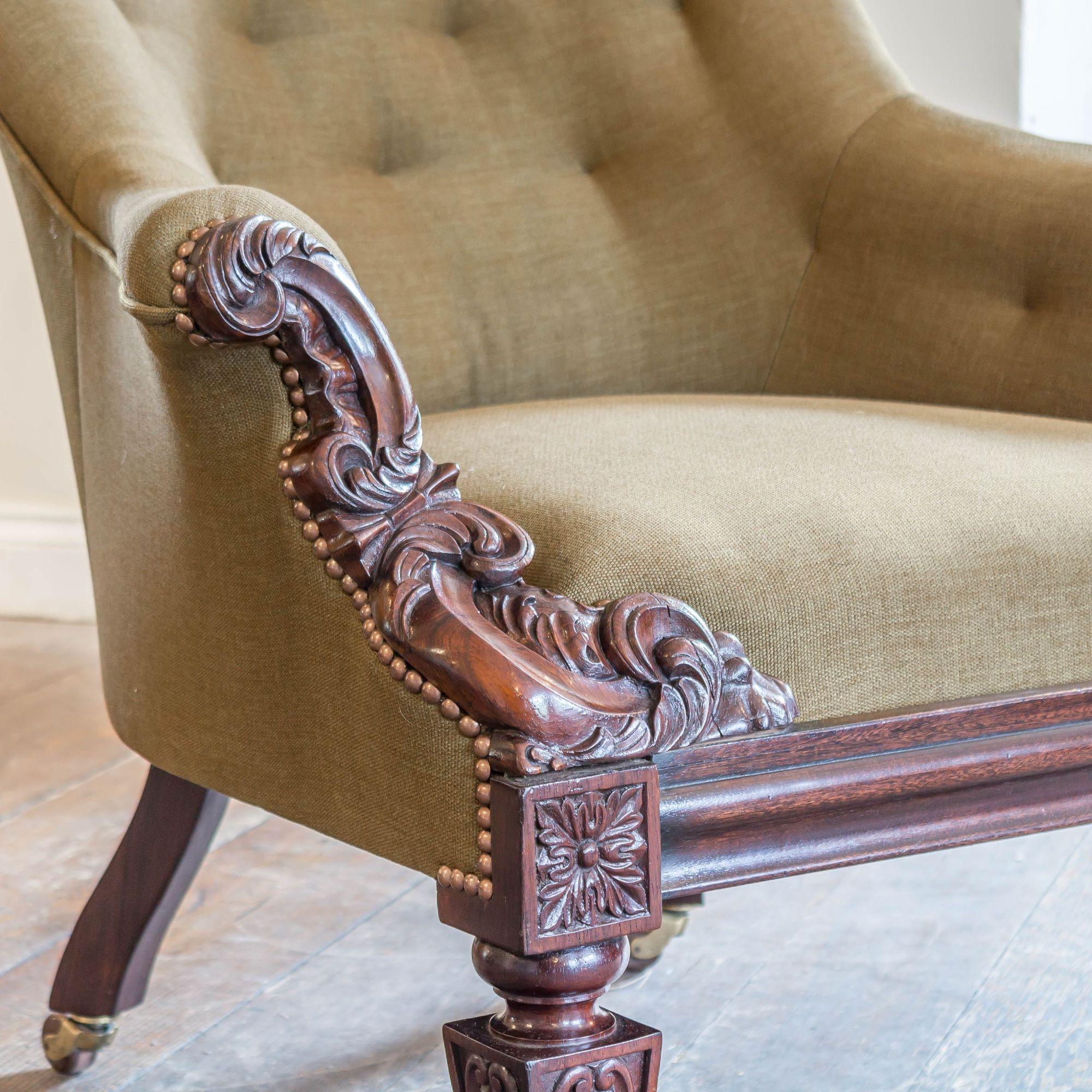 English Carved Rosewood Upholstered Library Chair by Shoolbred For Sale