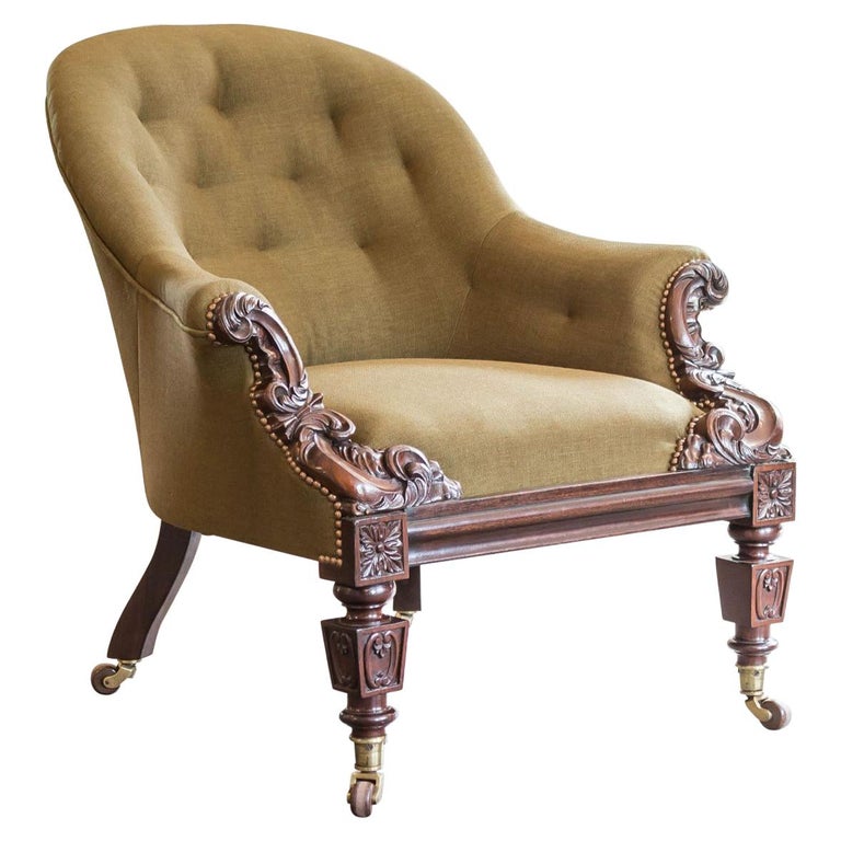 Carved Rosewood Upholstered Library Chair by Shoolbred For Sale at 1stDibs