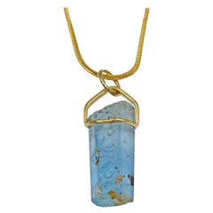 Carved Rough Aquamarine Crystal 18 Karat Gold Pendant Necklace