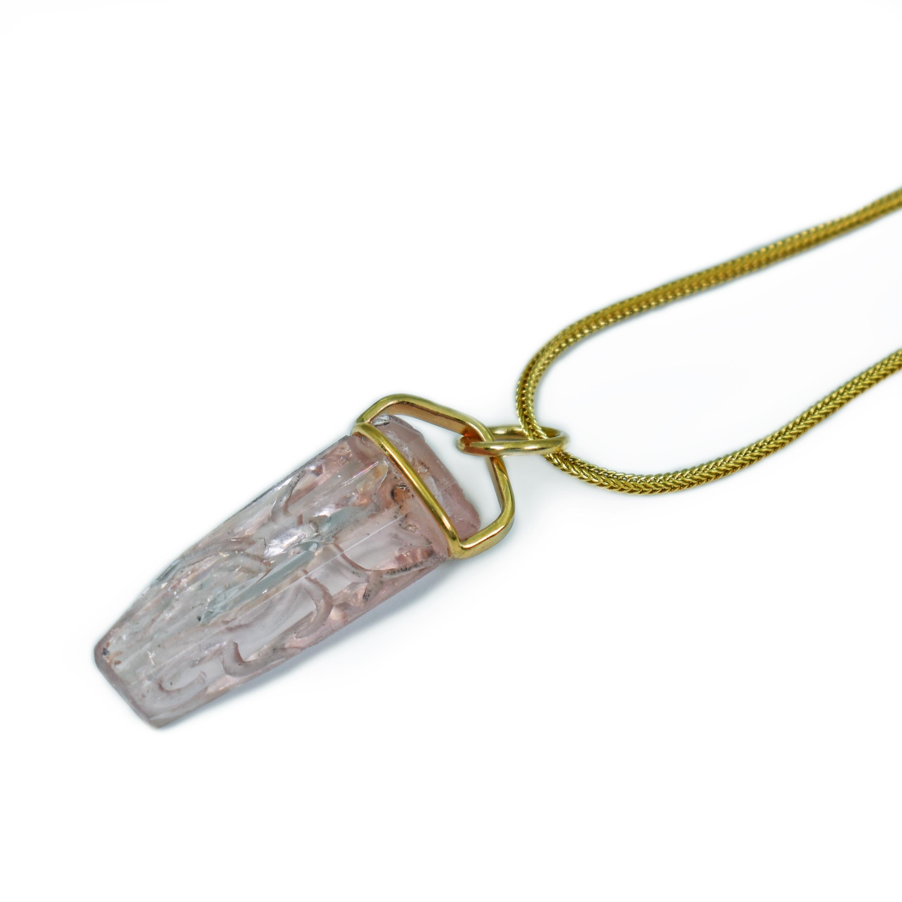 Beautiful hand-carved, rough Morganite crystal and 18k yellow gold pendant on a 16 inch 18k gold foxtail chain necklace. Pendant, including bail, is 1.57 inches or 40mm in length. Gorgeous, carved vine design in this blush pink Morganite gemstone