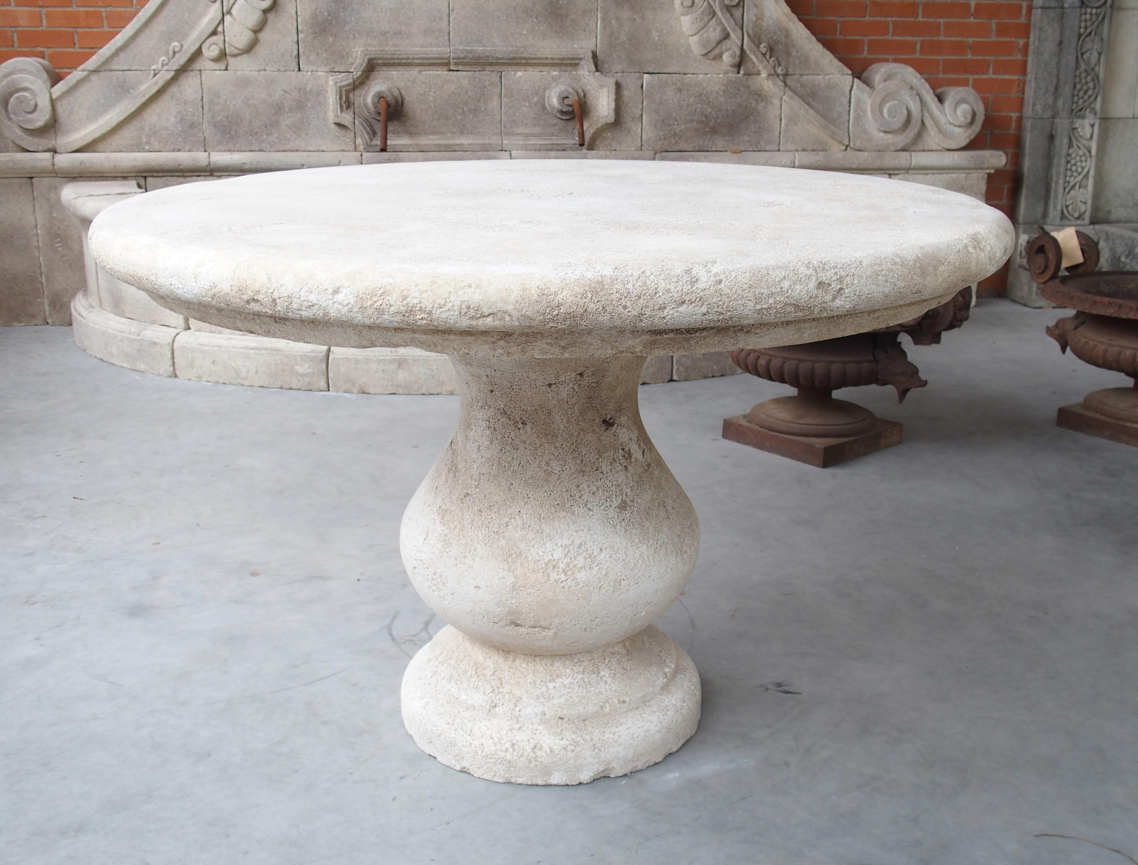 More information coming soon…

Hand-carved in Provence, France, this round limestone table is supported by a robust baluster base.  The four inch thick top is a separate piece of limestone from the base, and both sections have subtle moldings that